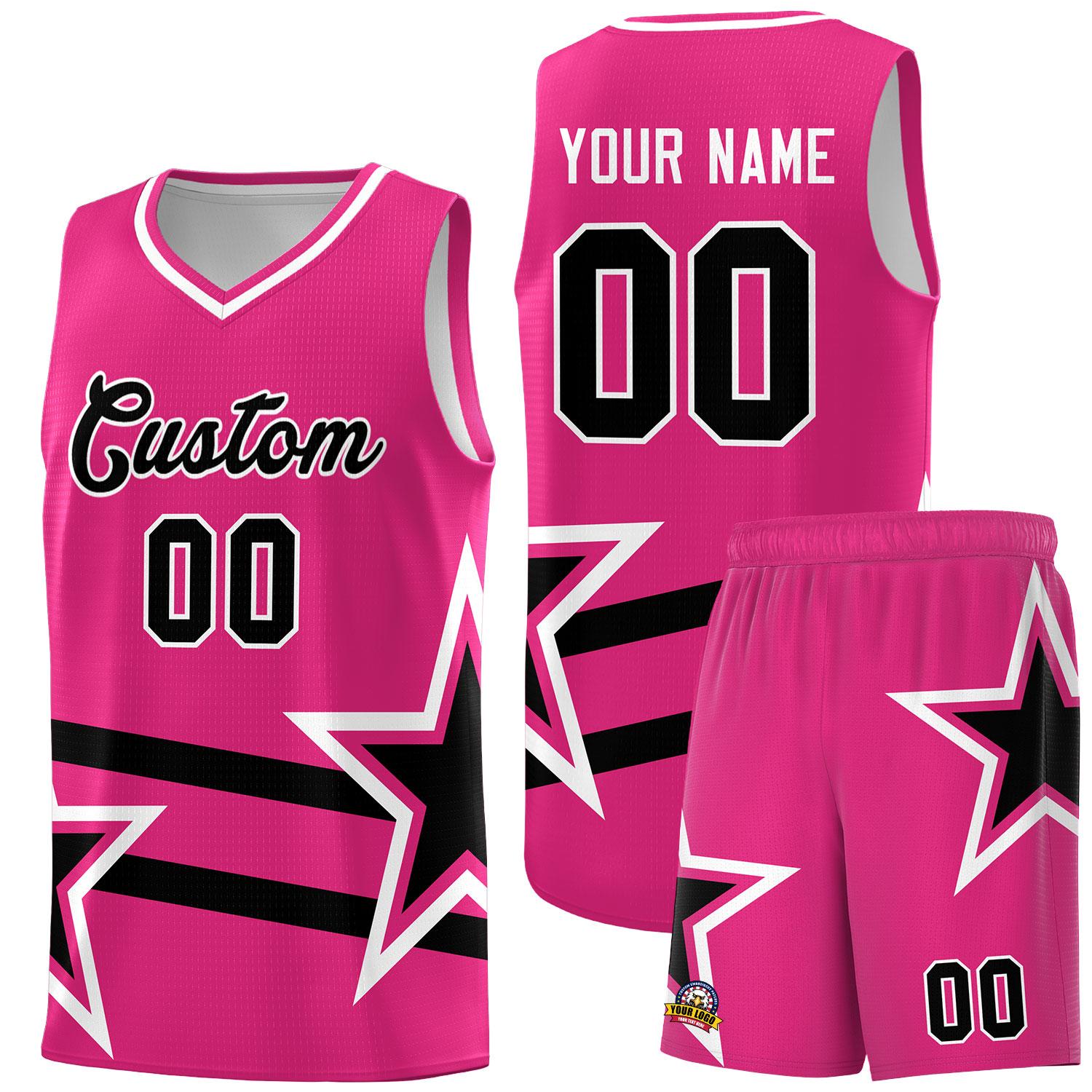Benutzerdefinierte rosarote Basketball-Kits mit schwarzem Sternmuster und doppelten Linien