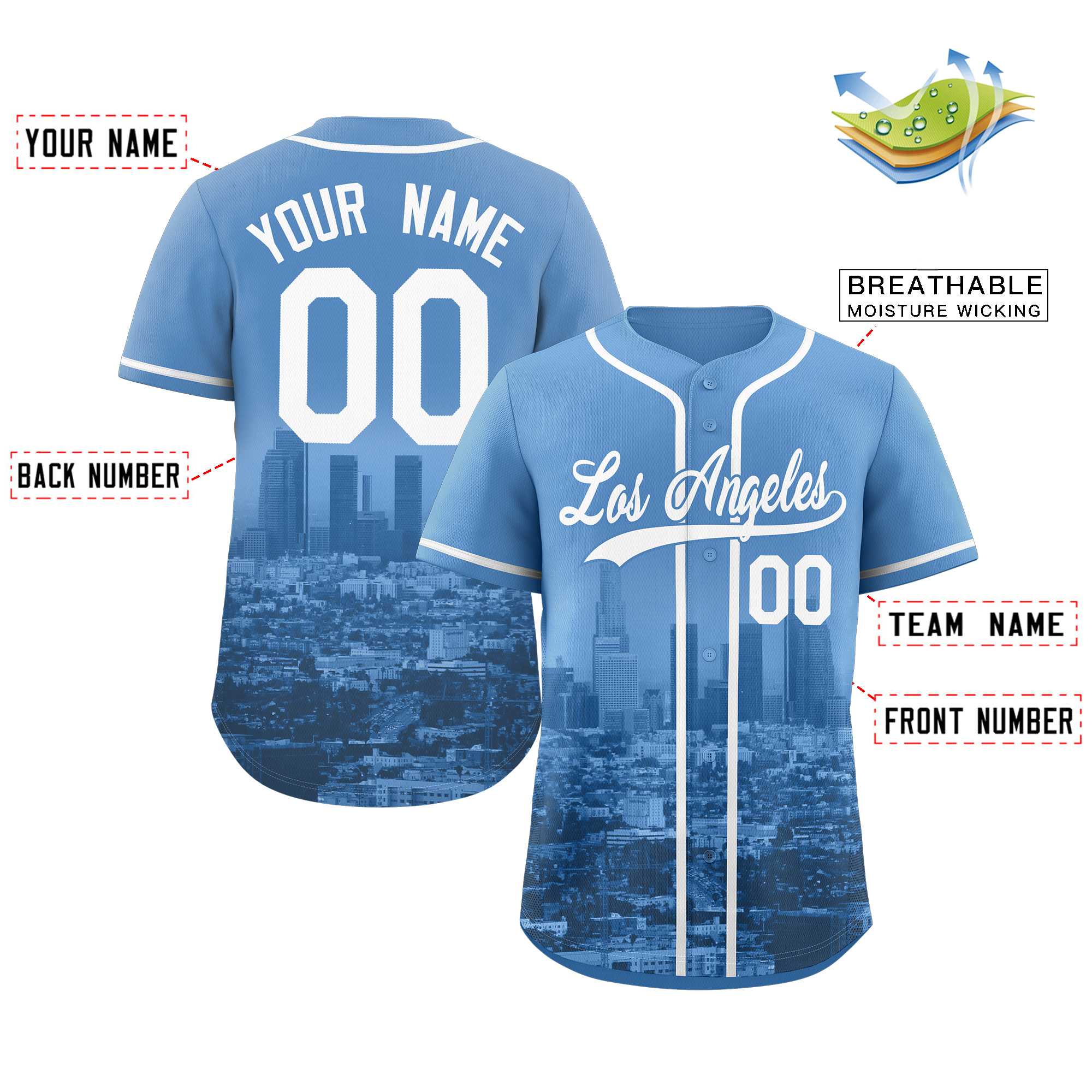 Maßgeschneidertes weiß-puderblaues Los Angeles City Skyline Baseball-Trikot