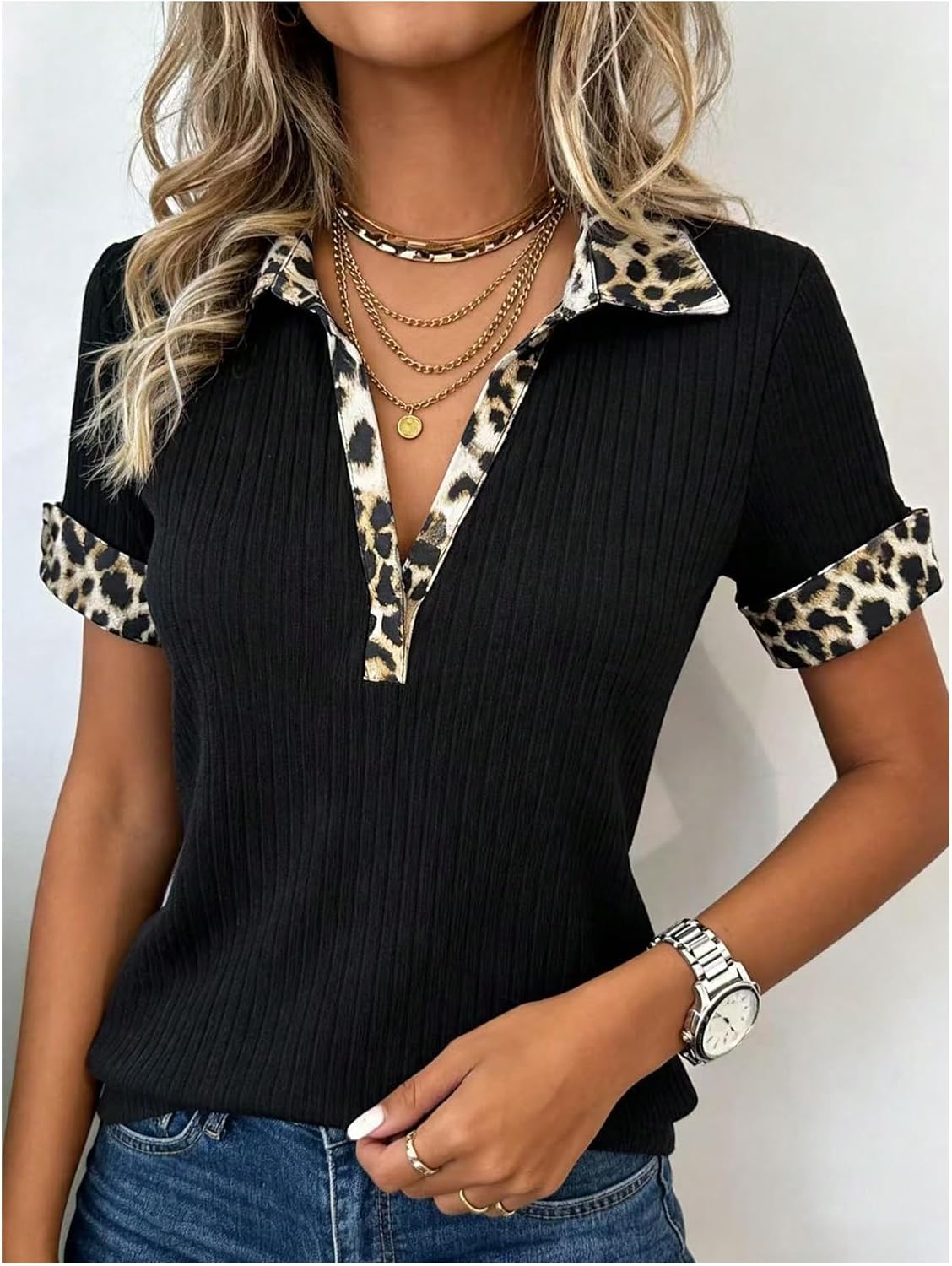 Women's Leopard Collar Ribbed Knit T-Shirt Black Women's Leopard Collar Ribbed Knit T-Shirt Black