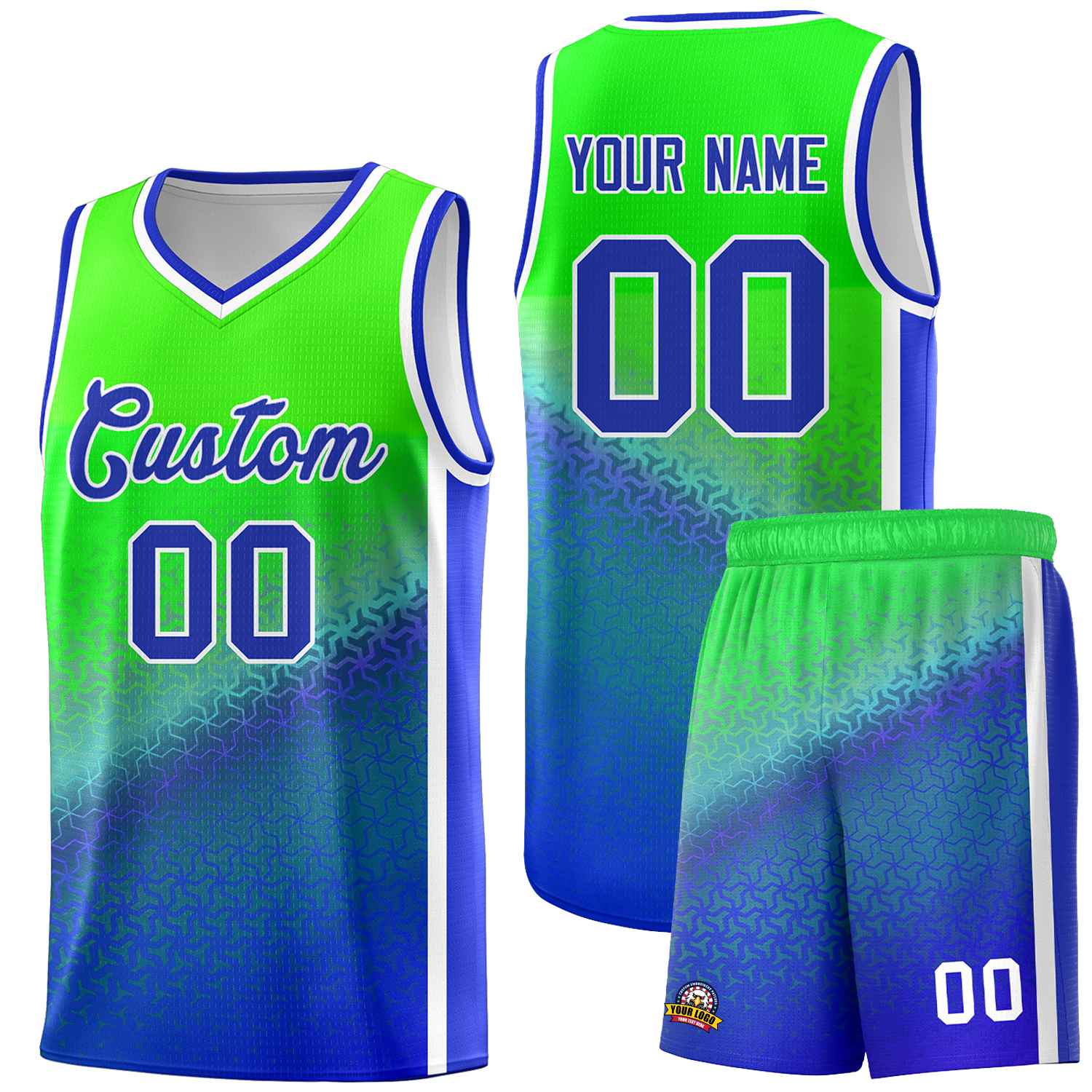 Benutzerdefinierte fluoreszierende grüne Royal Gradient Design unregelmäßige Formen Muster Sport Uniform Basketball Jersey