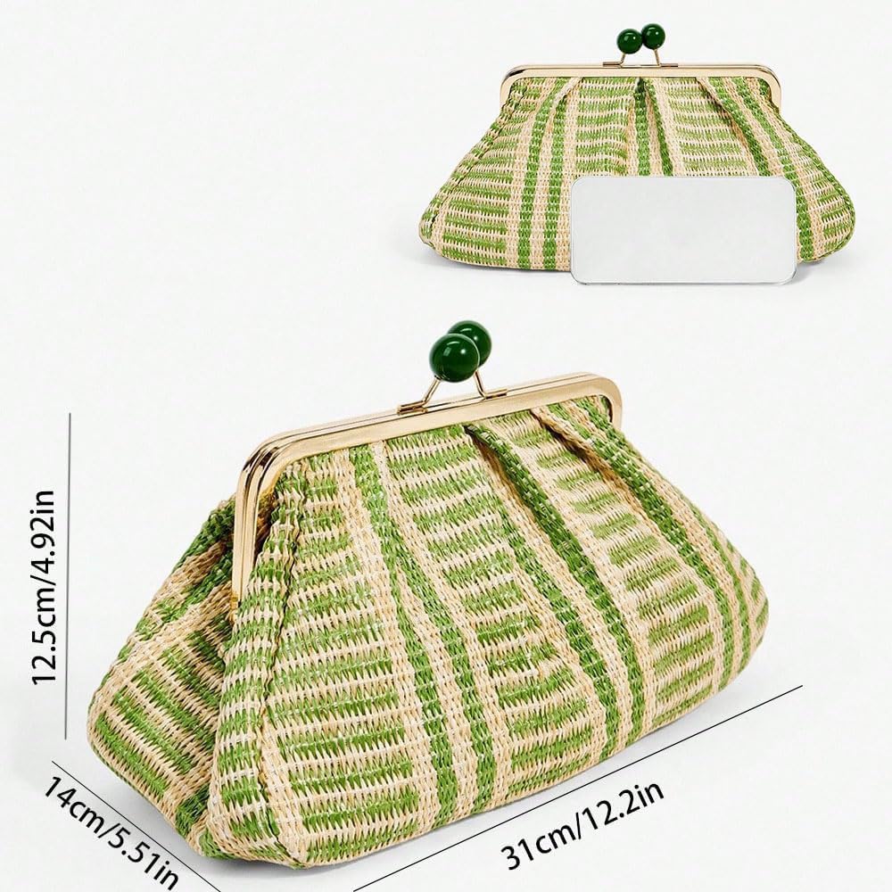 Women's Straw Clutch Purse Striped Kiss-Lock Dumpling Bag Women's Straw Clutch Purse Striped Kiss-Lock Dumpling Bag