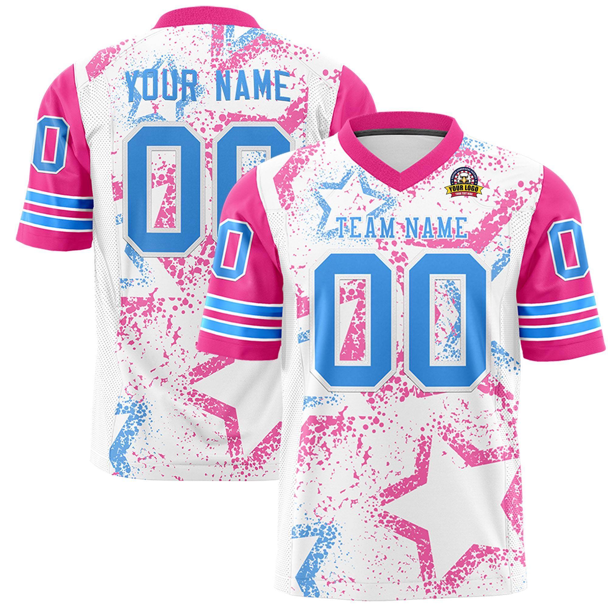 Benutzerdefiniertes, personalisiertes, authentisches Fußballtrikot mit Sternmuster-Design in Weiß, Rosa und Puderblau