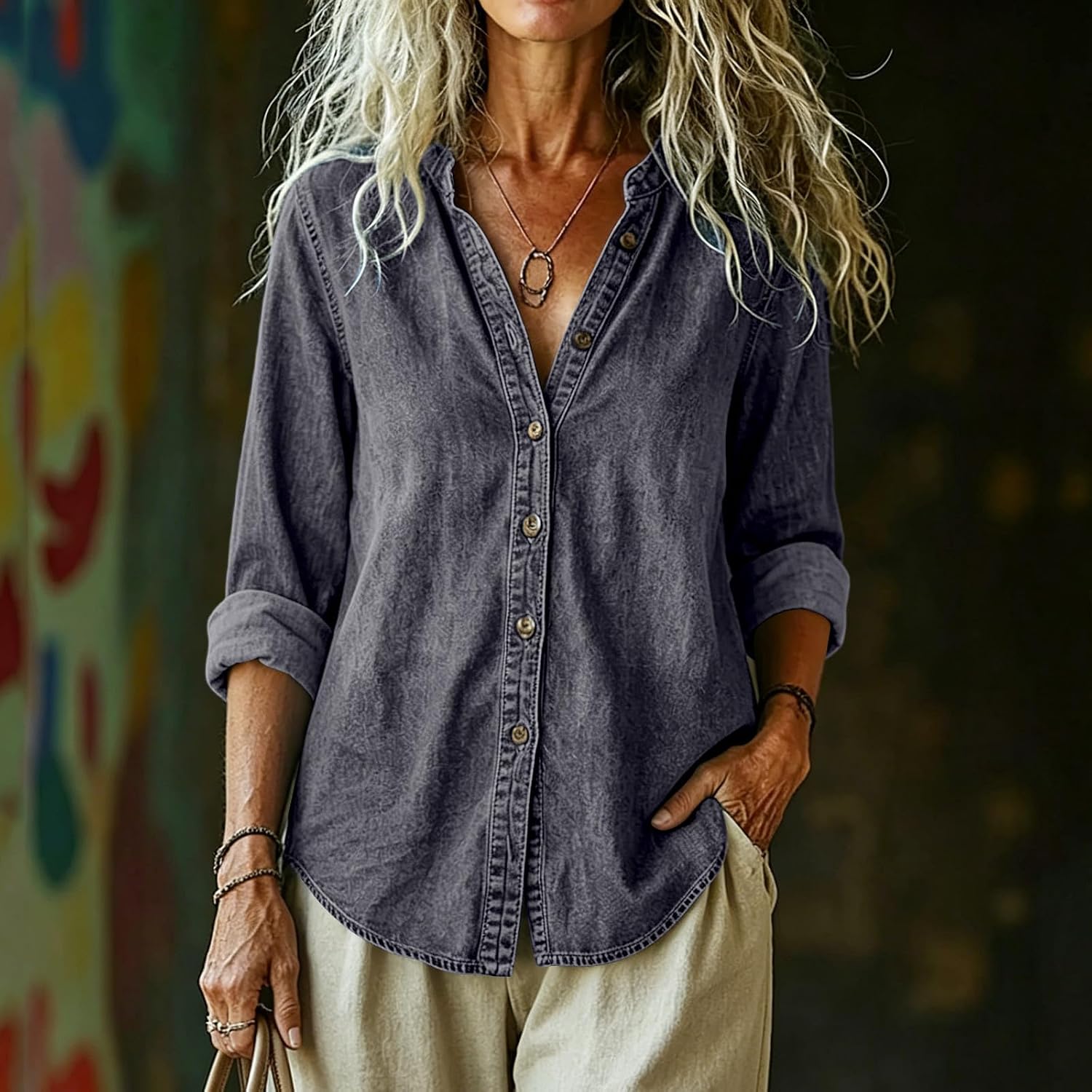 Jean Shirts for Women Vintage V Neck Button down Denim Blouses Dressy Long Sleeve Tops Ripped Distressed Shirt Jackets Breathable Relaxed Fit Cardigan