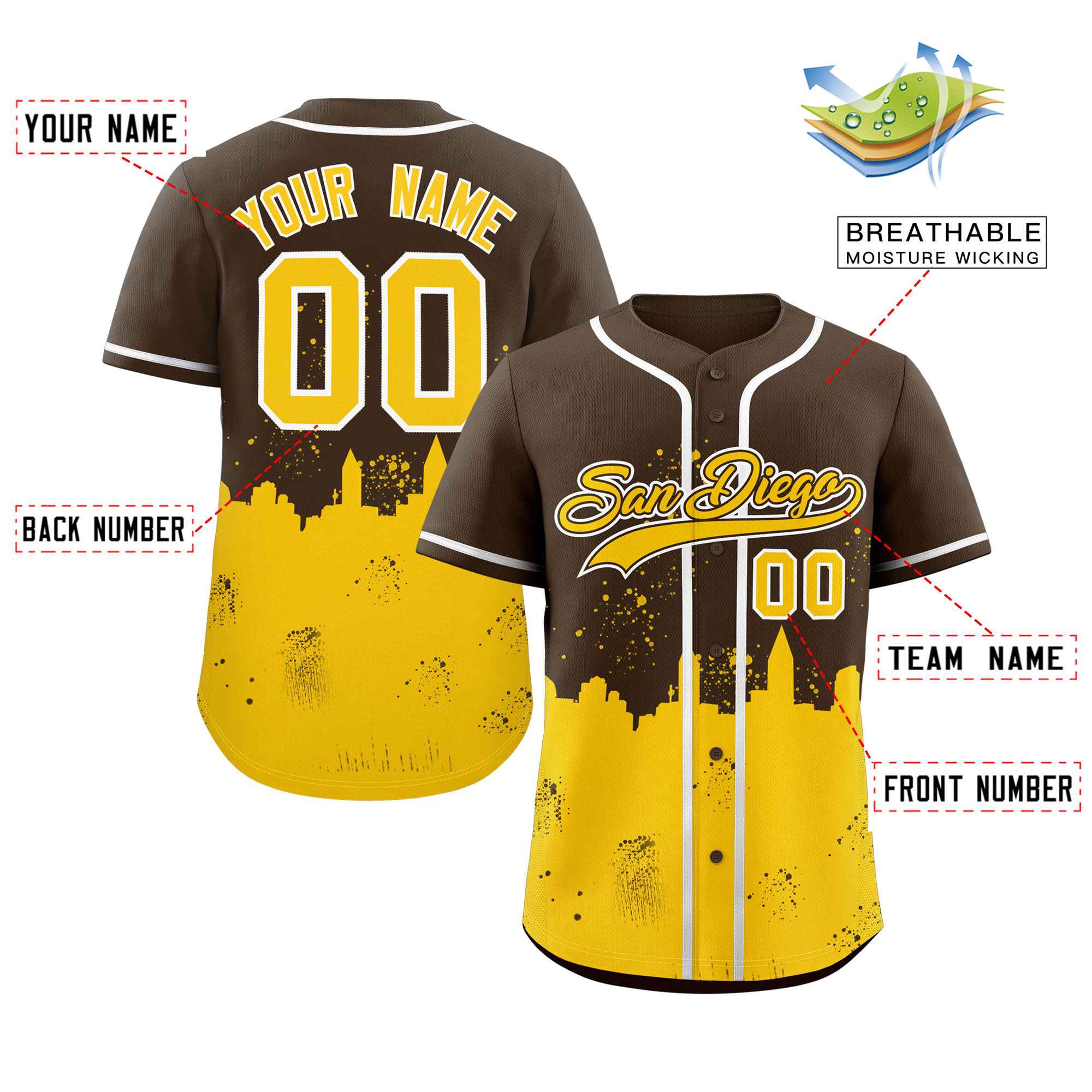 Benutzerdefiniertes hellbraunes, gelbes, personalisiertes San Diego City Nightscape Authentisches Baseball-Trikot Benutzerdefiniertes hellbraunes, gelbes, personalisiertes San Diego City Nightscape Authentisches Baseball-Trikot