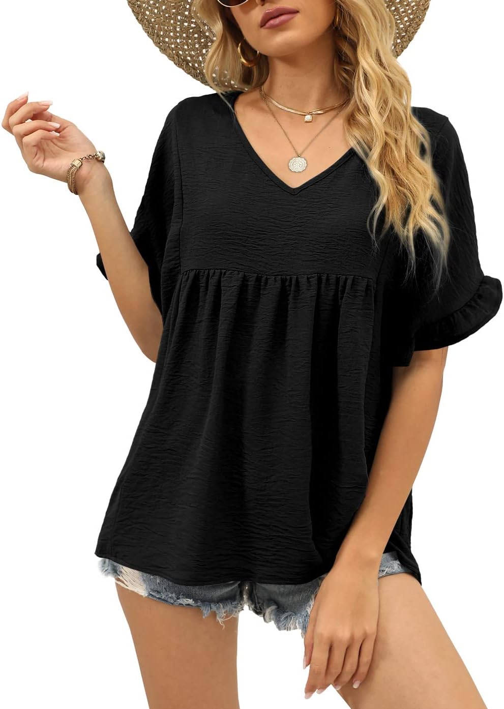 Womens Tops Casual V Neck Ruffle Sleeve T Shirts Babydoll Fit Peplum