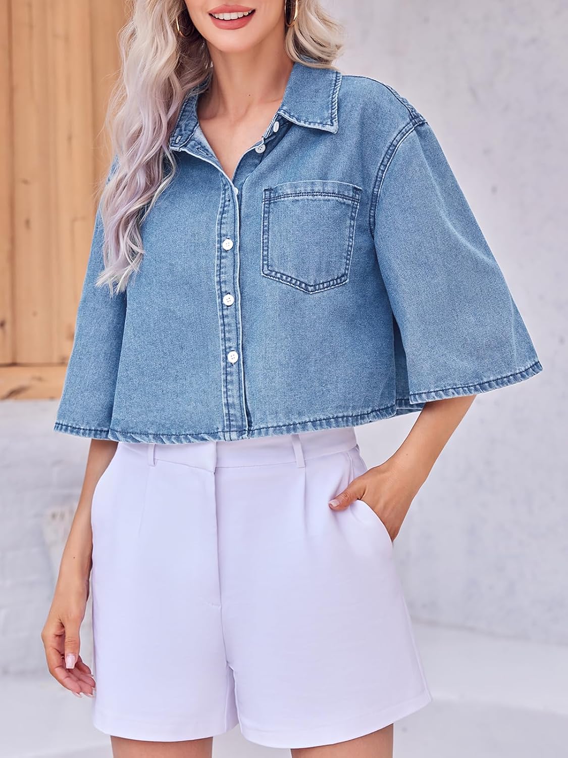 Women's Cropped Denim Shirt Half Sleeve Button Down