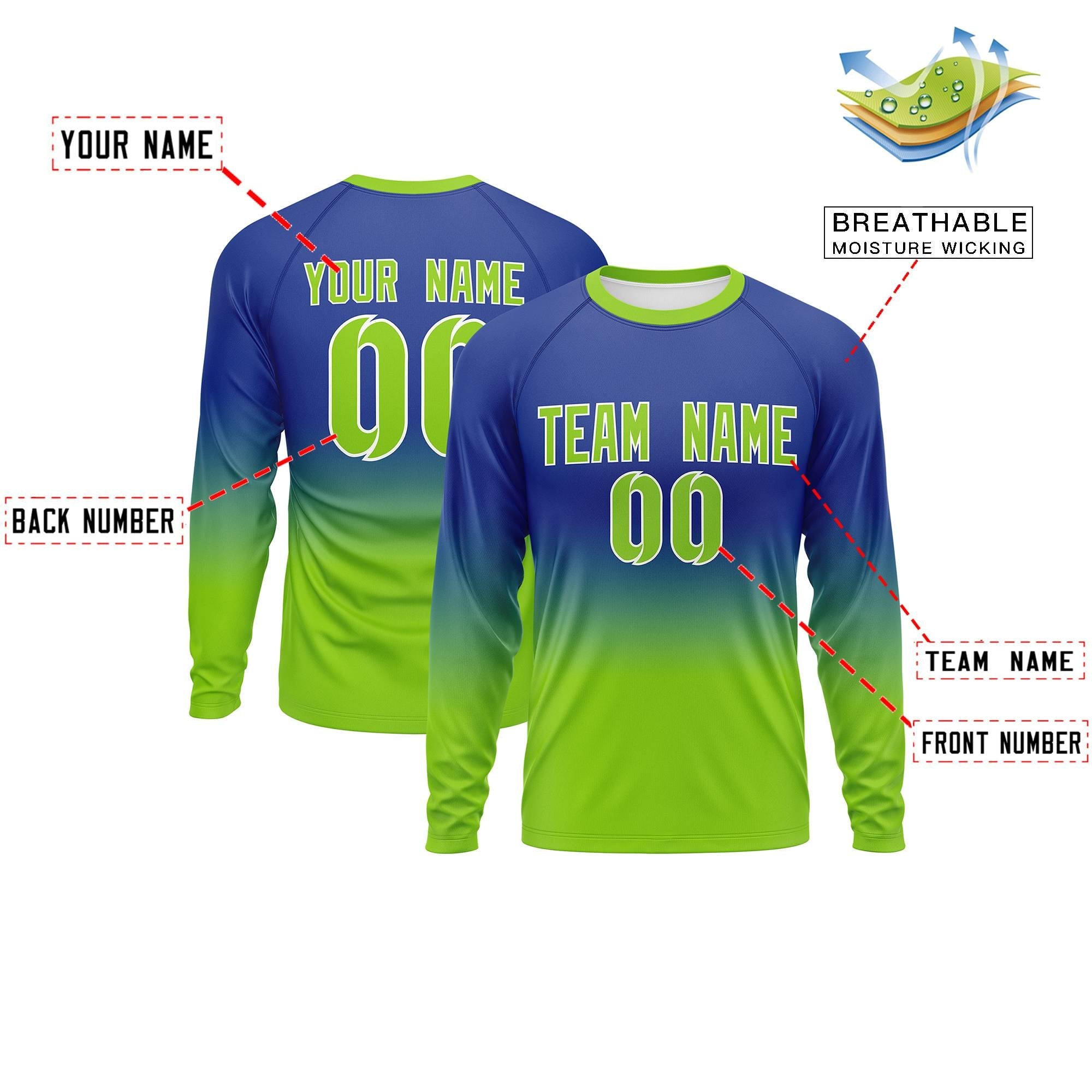 Benutzerdefiniertes Langarm-Performance-T-Shirt mit Farbverlauf in Royal-Neongrün mit Farbverlauf