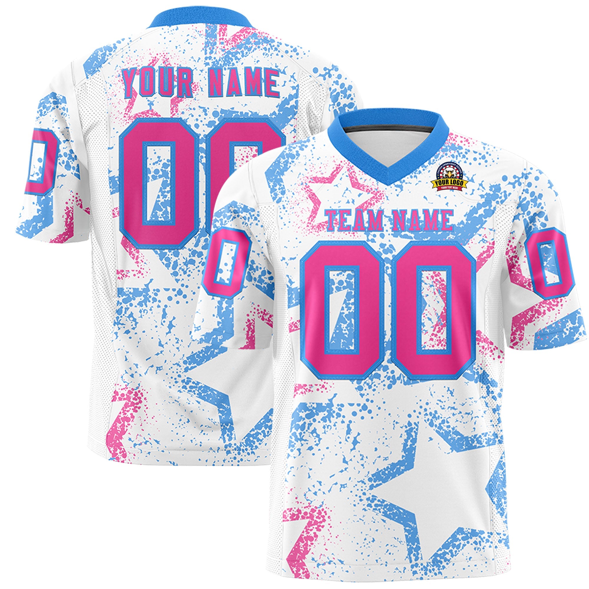 Benutzerdefiniertes weißes, puderblau-rosa, personalisiertes, authentisches Fußballtrikot mit Stern-Graffiti-Muster