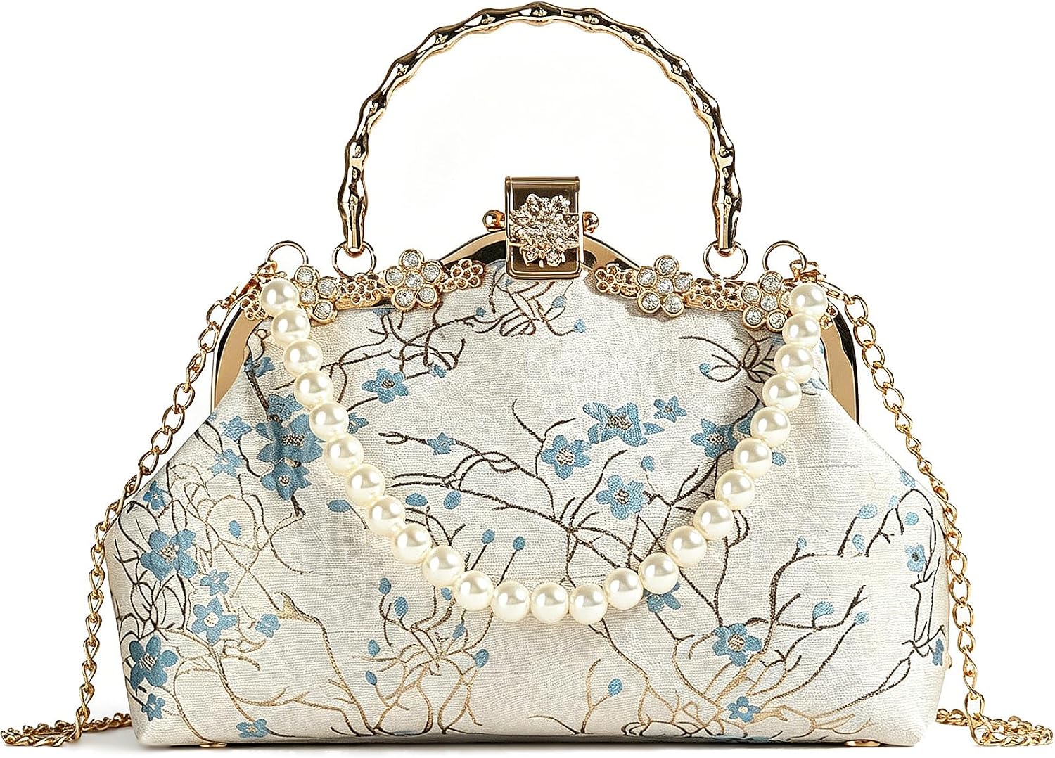 Women's Embroidered Floral Clutch with Pearl Handle and Chain