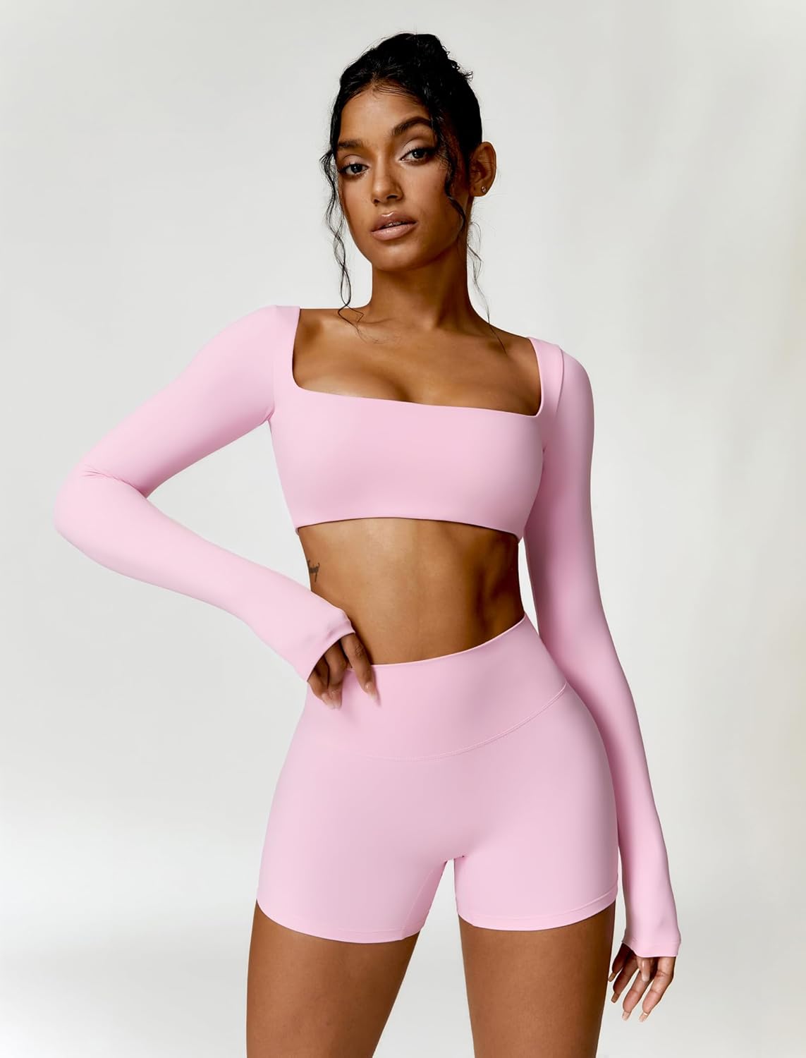 Workout Sets for Women 2 Piece Square Neck Long Sleeve Crop Tops High Waist Biker Shorts Gym Sets