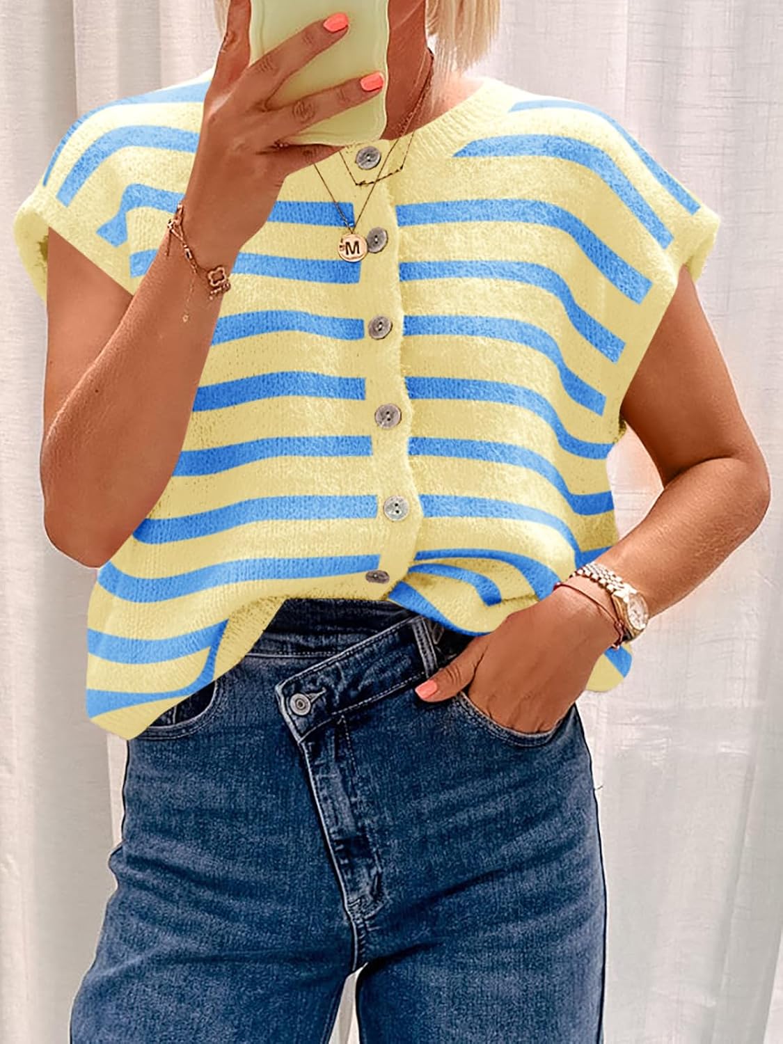Women's Striped Cap Sleeve Button Down Cardigan