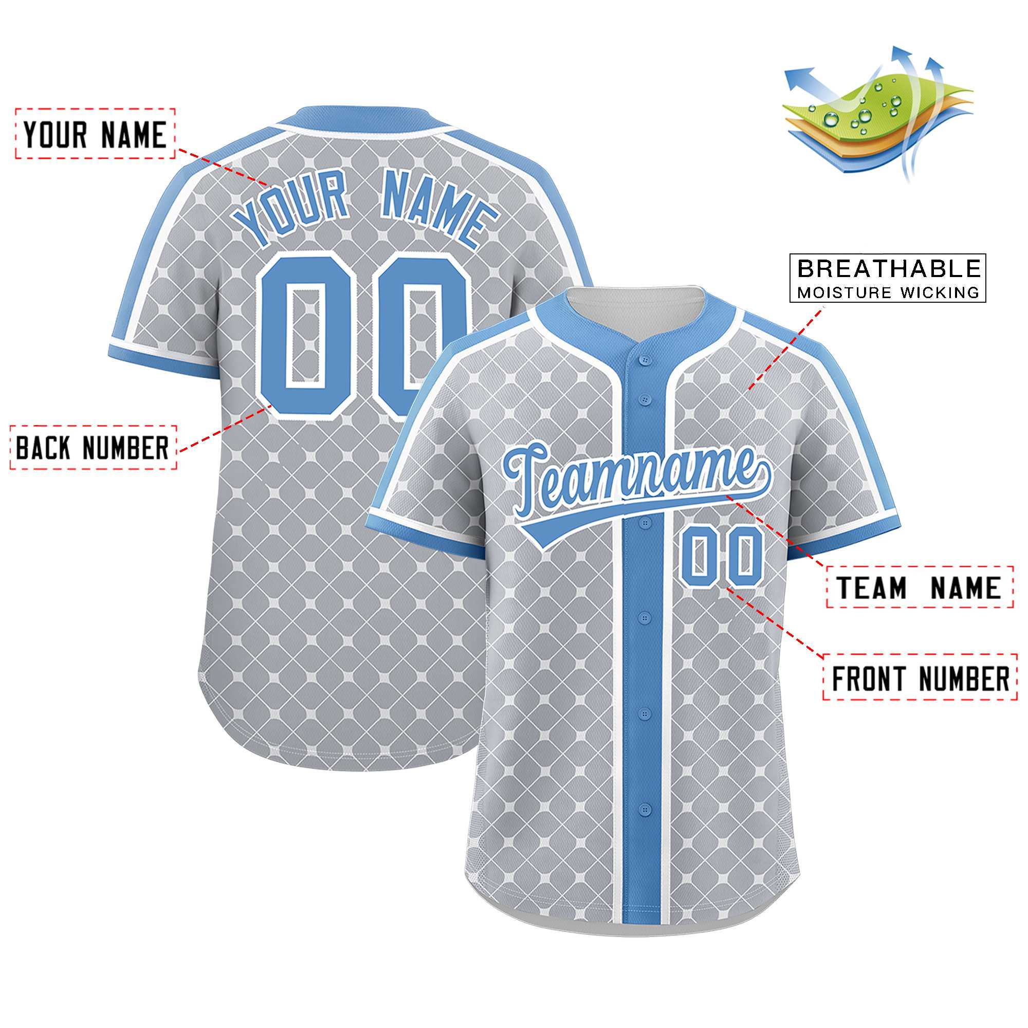 Benutzerdefiniertes, authentisches Baseball-Trikot in Hellgrau, Hellblau und Weiß mit personalisiertem Karomuster