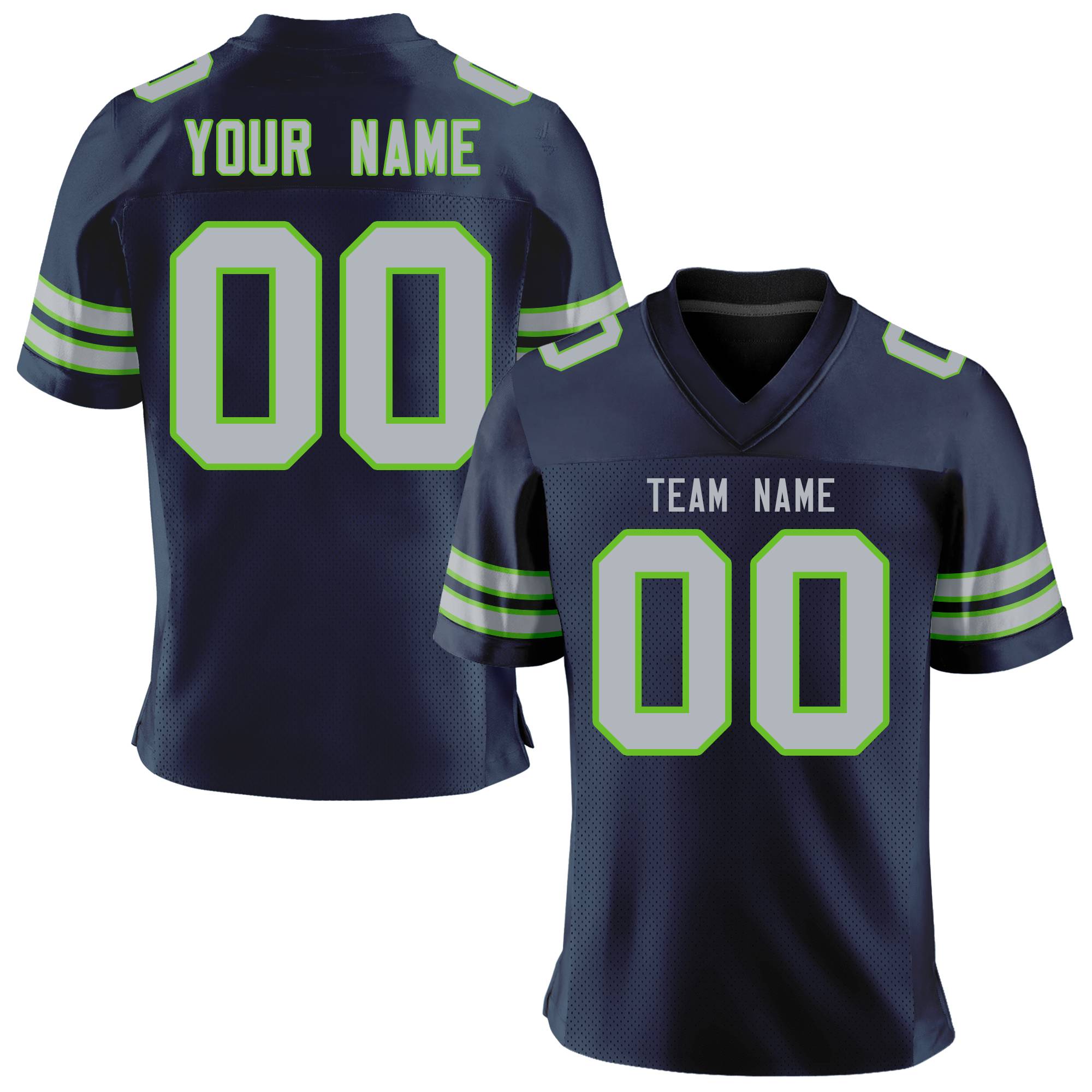 Benutzerdefiniertes, personalisiertes, klassisches, authentisches Mesh-Fußballtrikot in Marineblau-Grau-Neongrün