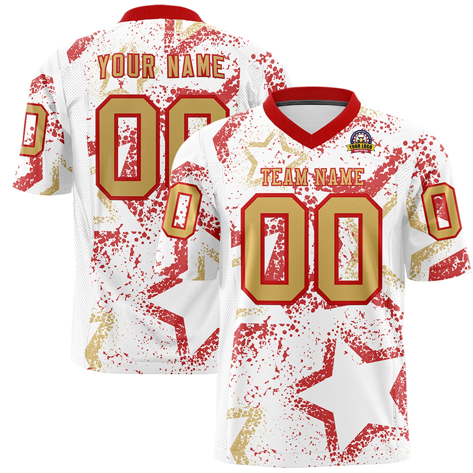 Benutzerdefiniertes, personalisiertes Star-Graffiti-Muster in Weiß, Rot und Altgold, authentisches Fußballtrikot