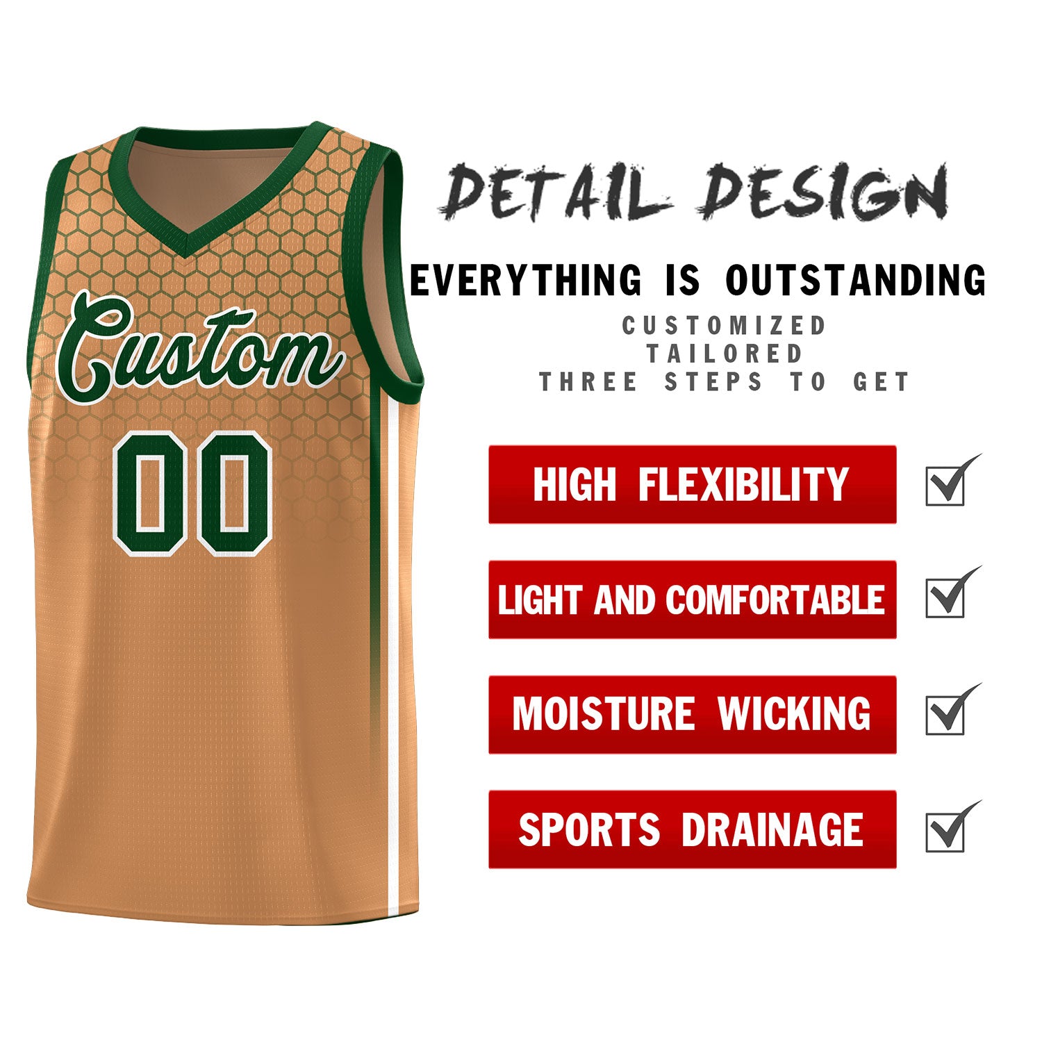 Benutzerdefiniertes hellbraunes personalisiertes Wabenmuster-Sportuniform-Basketballtrikot