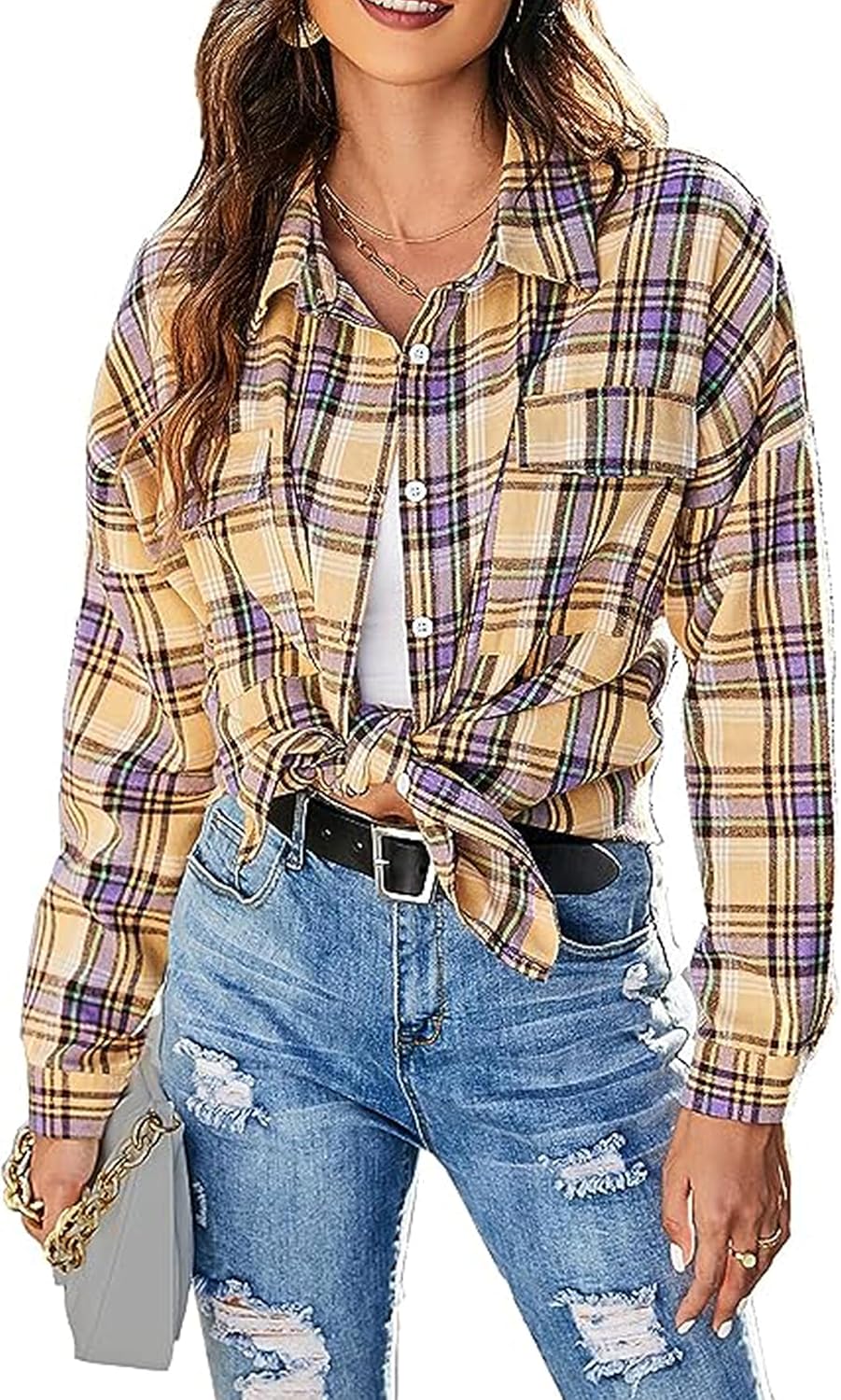 Womens Flannel Plaid Shirts Oversized Lightweight Buffalo Button Down Shirt Blouse Tops