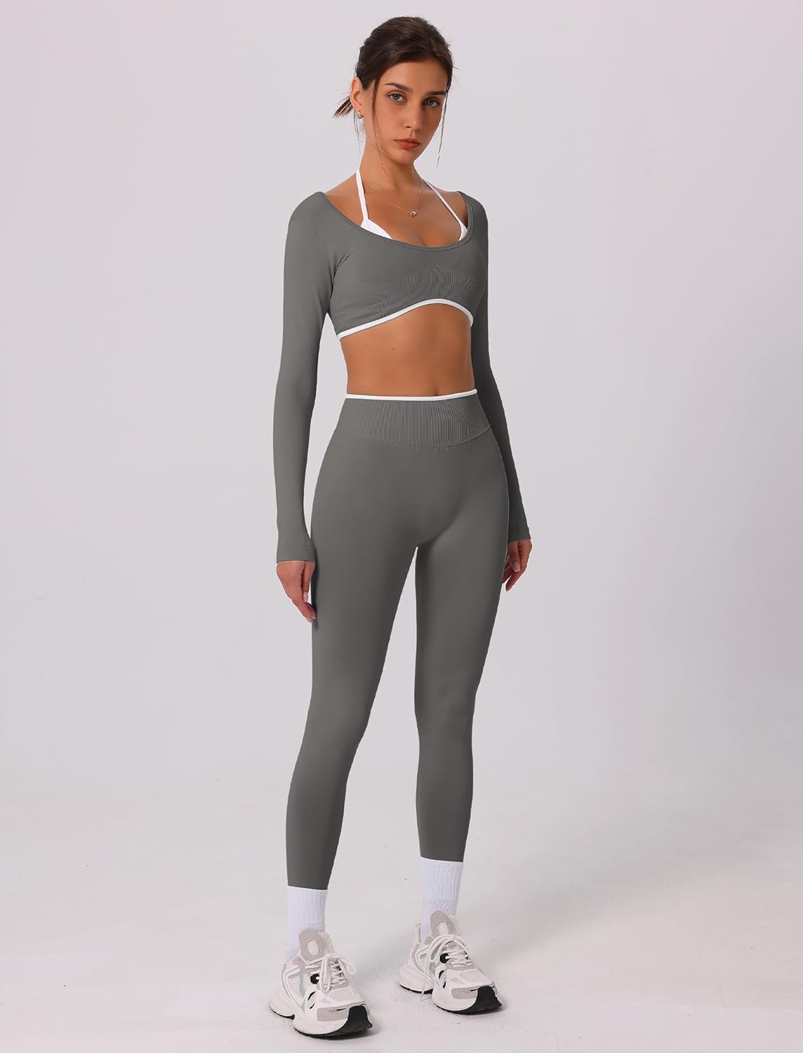 2 Piece Workout Sets for Women Contrast Panel Long Sleeve Halter Crop Top and High Waist Leggings Jogger Outfits