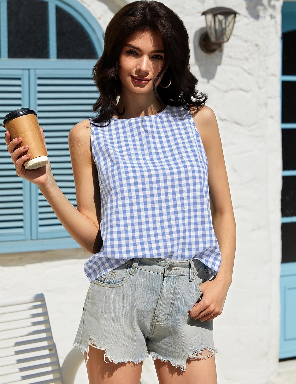 Women's Gingham Print Crew Neck Tank Top Blue