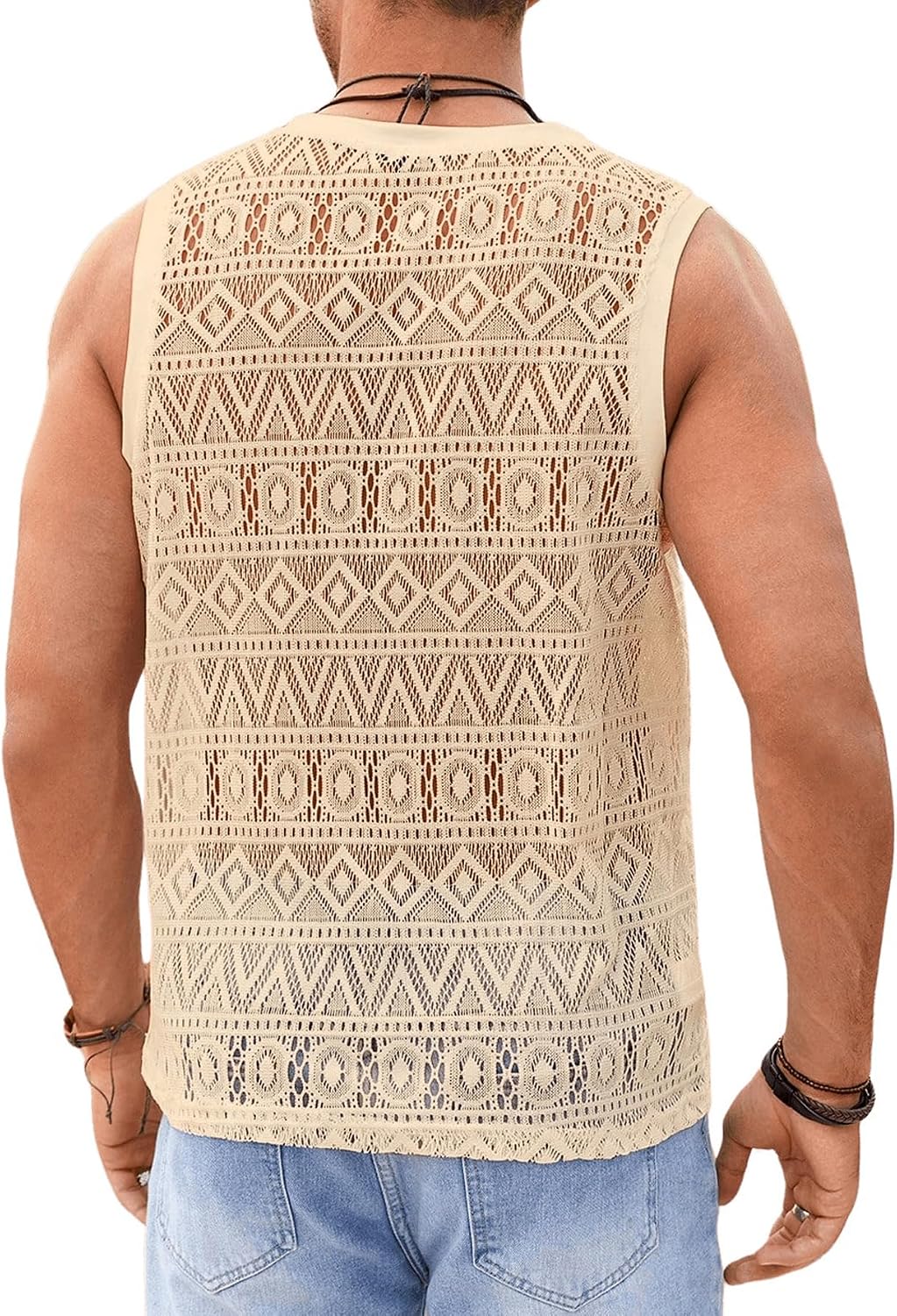Men's Crochet Lace Tank Top Open Knit Apricot Men's Crochet Lace Tank Top Open Knit Apricot