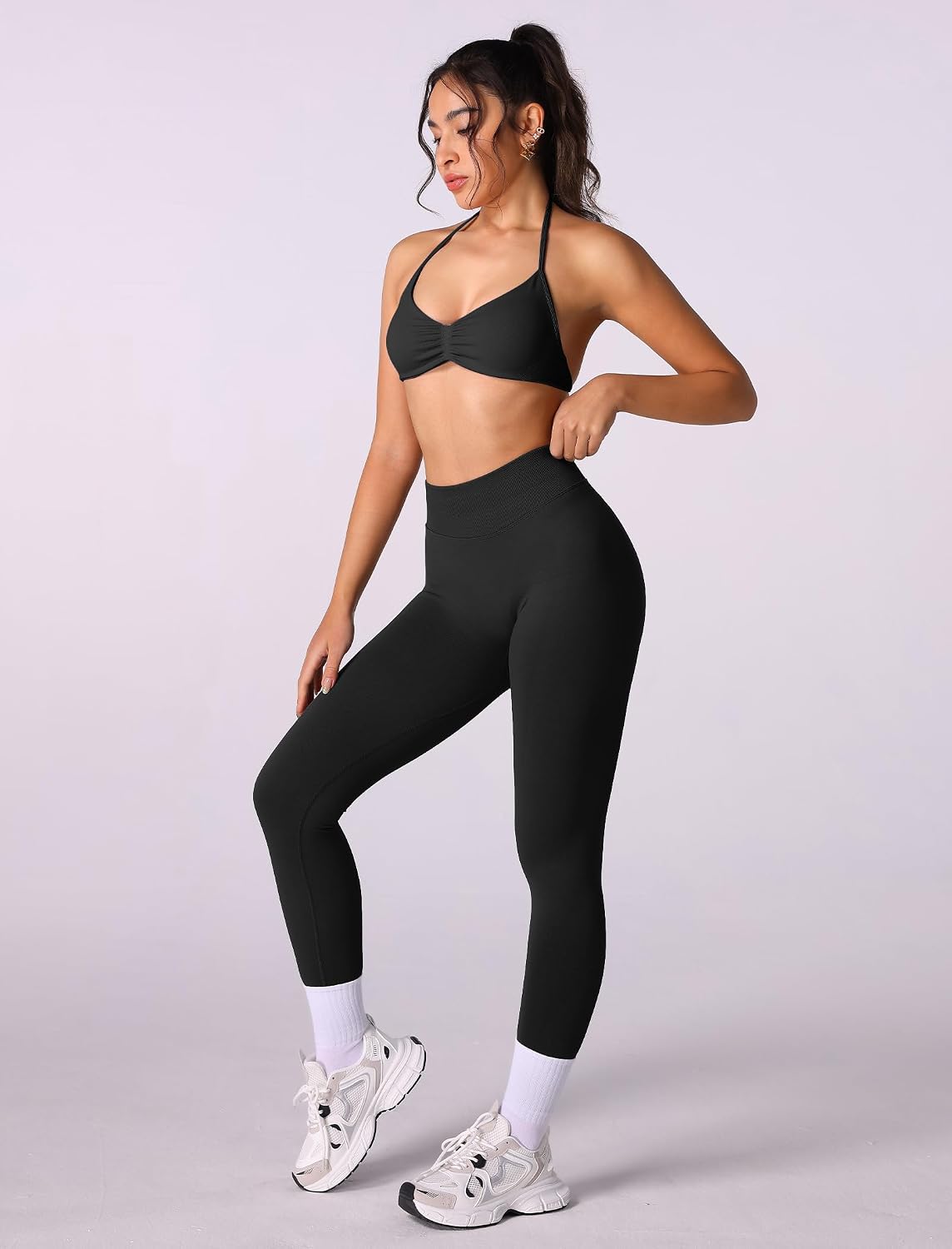 Women's Seamless Halter Bra Scrunch Leggings Gym Set Blue
