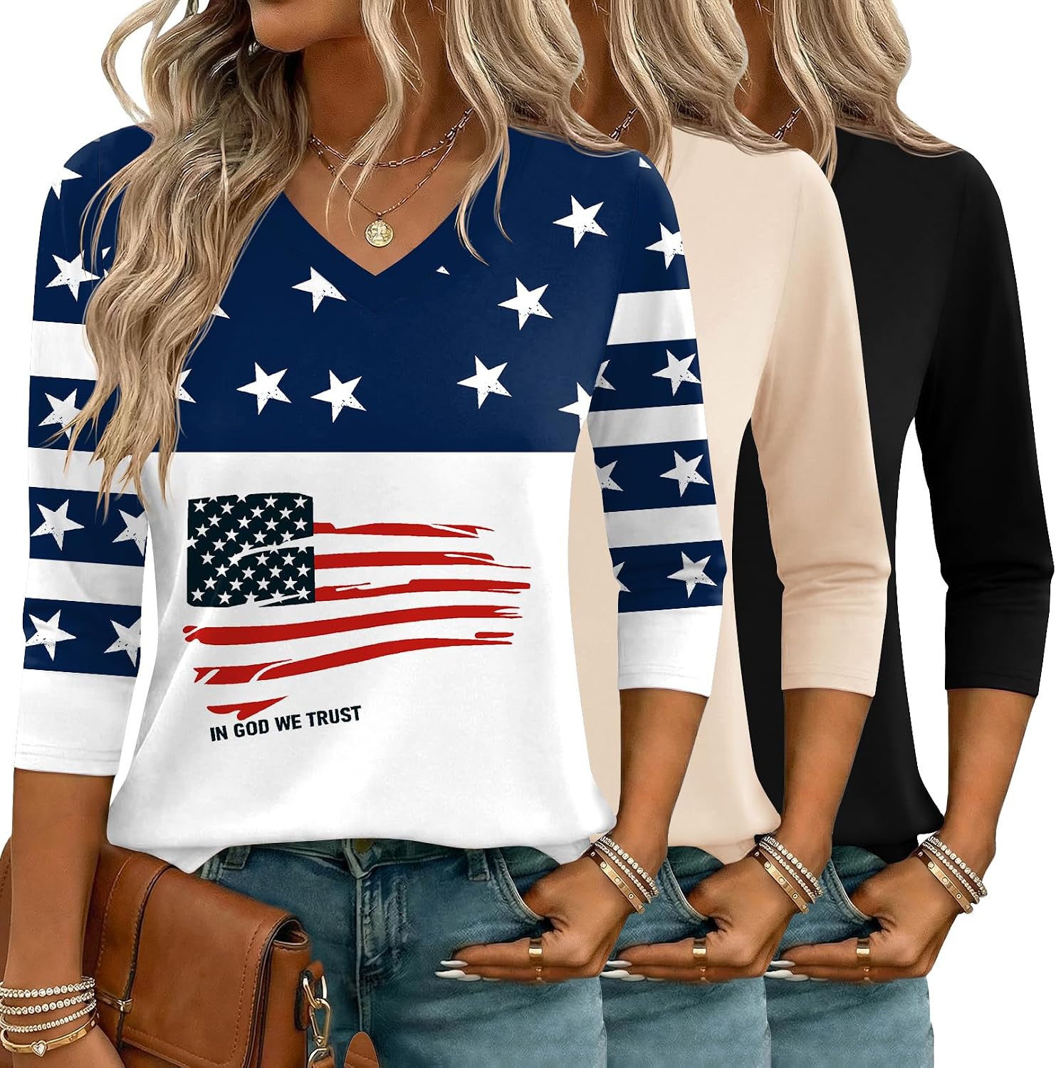 Women's 3 Pack 3/4 Sleeve V Neck T-Shirts