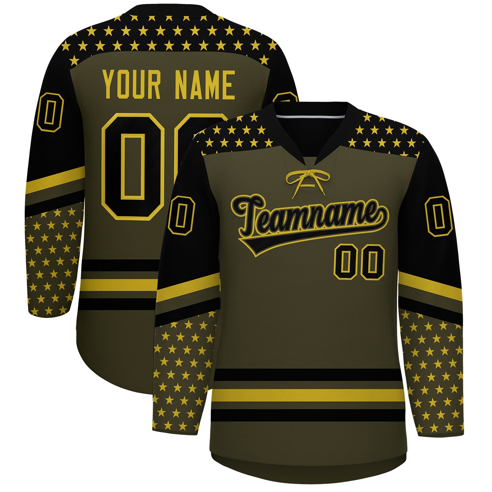 Custom Olive Black Old Gold Star Series Personalization Lace-Up Neck Hockey Jersey