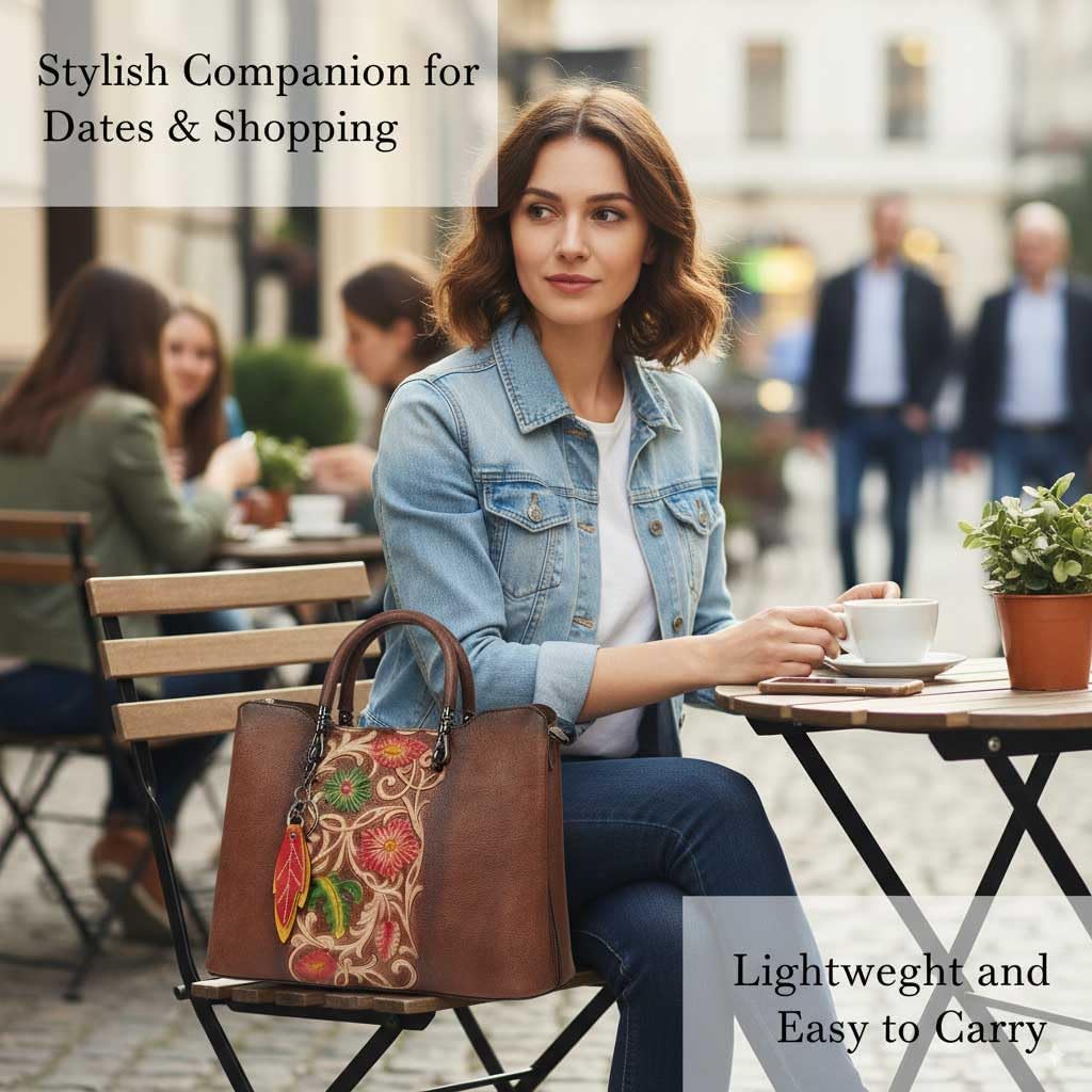 Women's Floral Tooled Leather Top Handle Tote Bag Brown