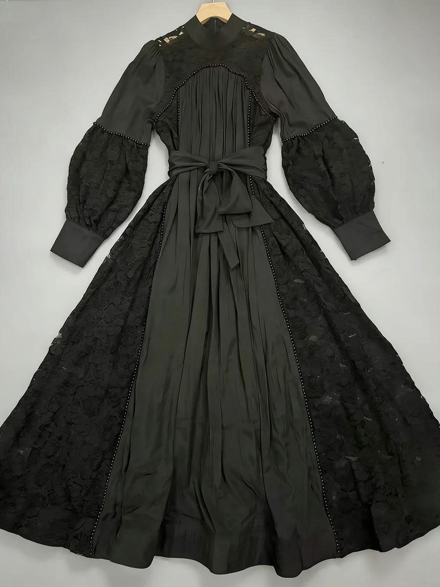 Women's Lace Patchwork Maxi Dress Lantern Sleeve Tie Waist