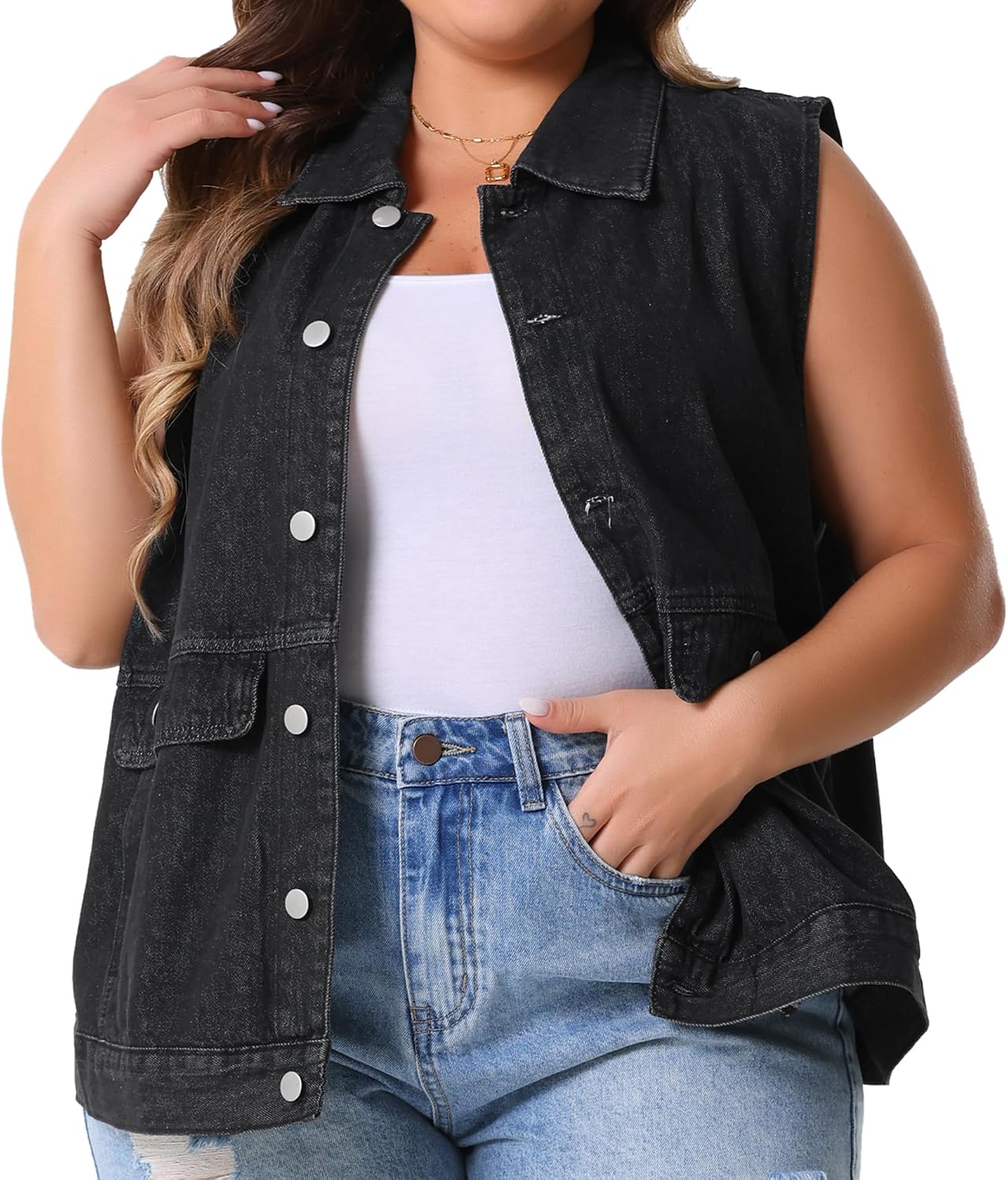 Women's Oversized Denim Vest Button Down Washed Black Shacket