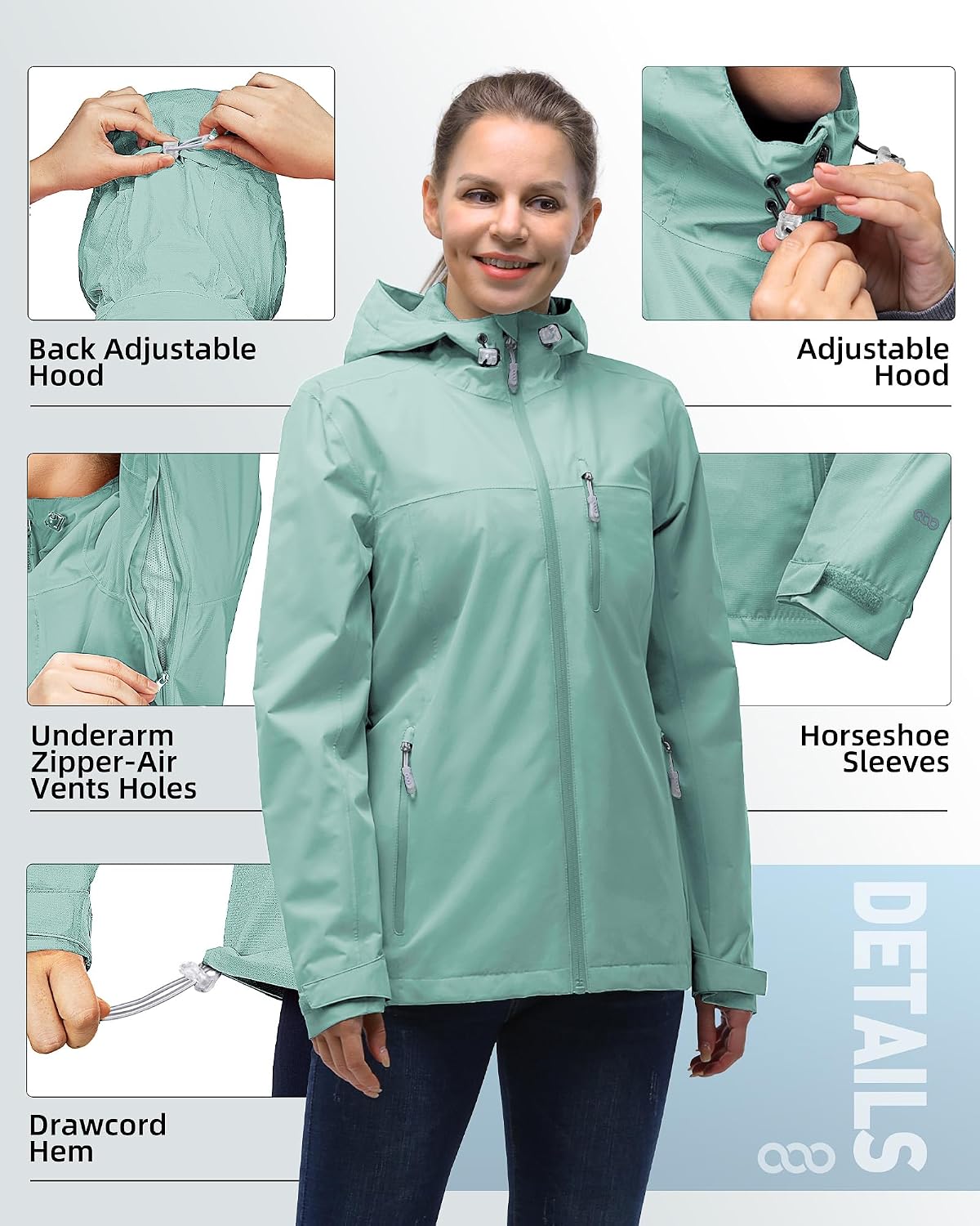 Women's Packable Rain Jacket Waterproof Hooded Sage Green