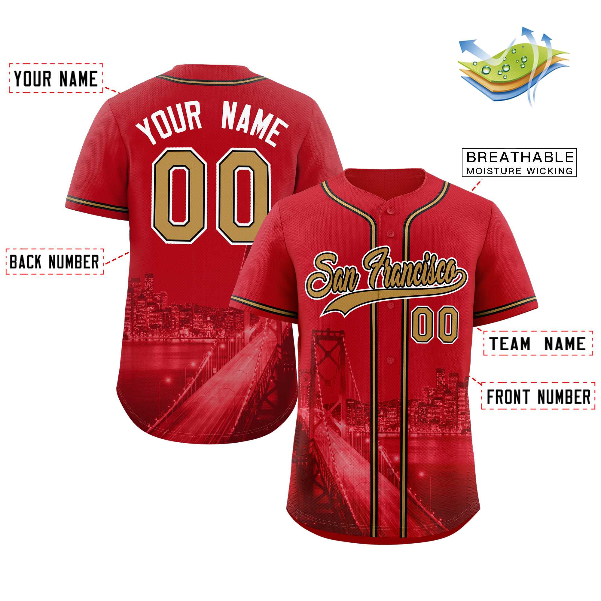 Benutzerdefinierte altgold-schwarze San Francisco City Skyline Baseball-Trikot