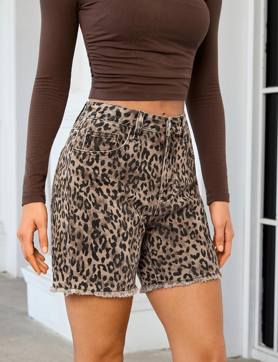 Leopard Jean Shorts for Women Trendy High Rise Cheetah Denim Jorts Waisted Mid Thigh Animal Print Relaxed Fit Fabric Raw Hem Country Concert