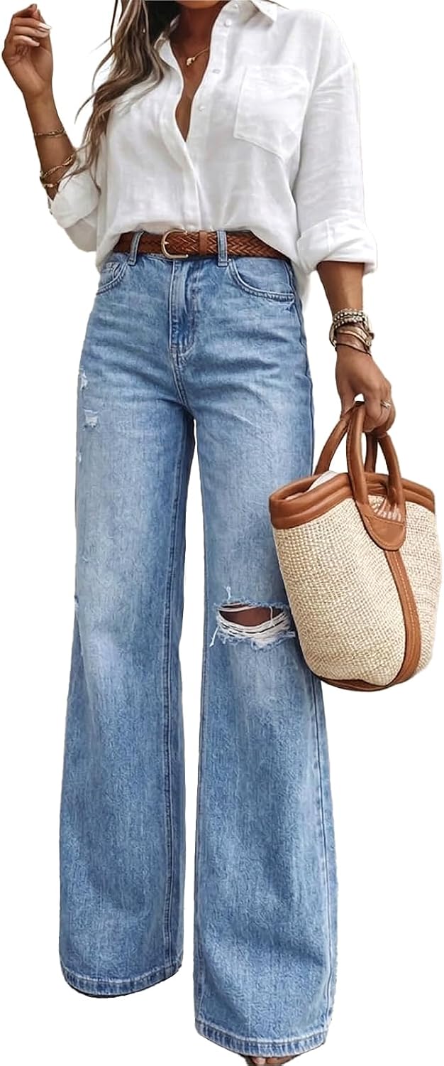 Women's High Waisted Wide Leg Jeans Light Wash Distressed