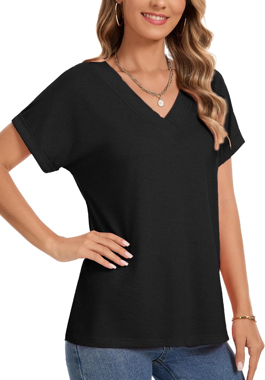 Women's Rolled Short Sleeve V Neck T-Shirt Black