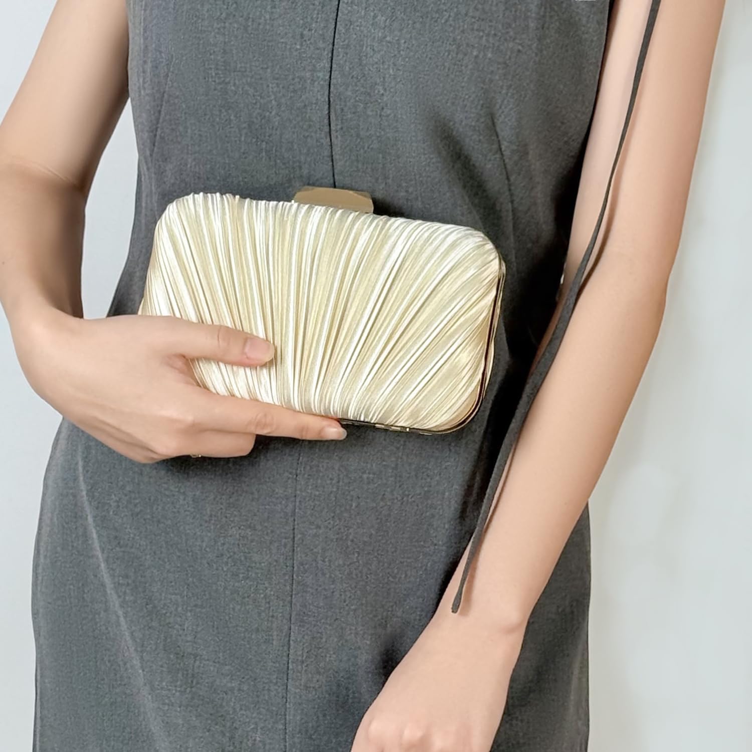 Women's Pleated Satin Clutch Evening Bag with Gold Chain