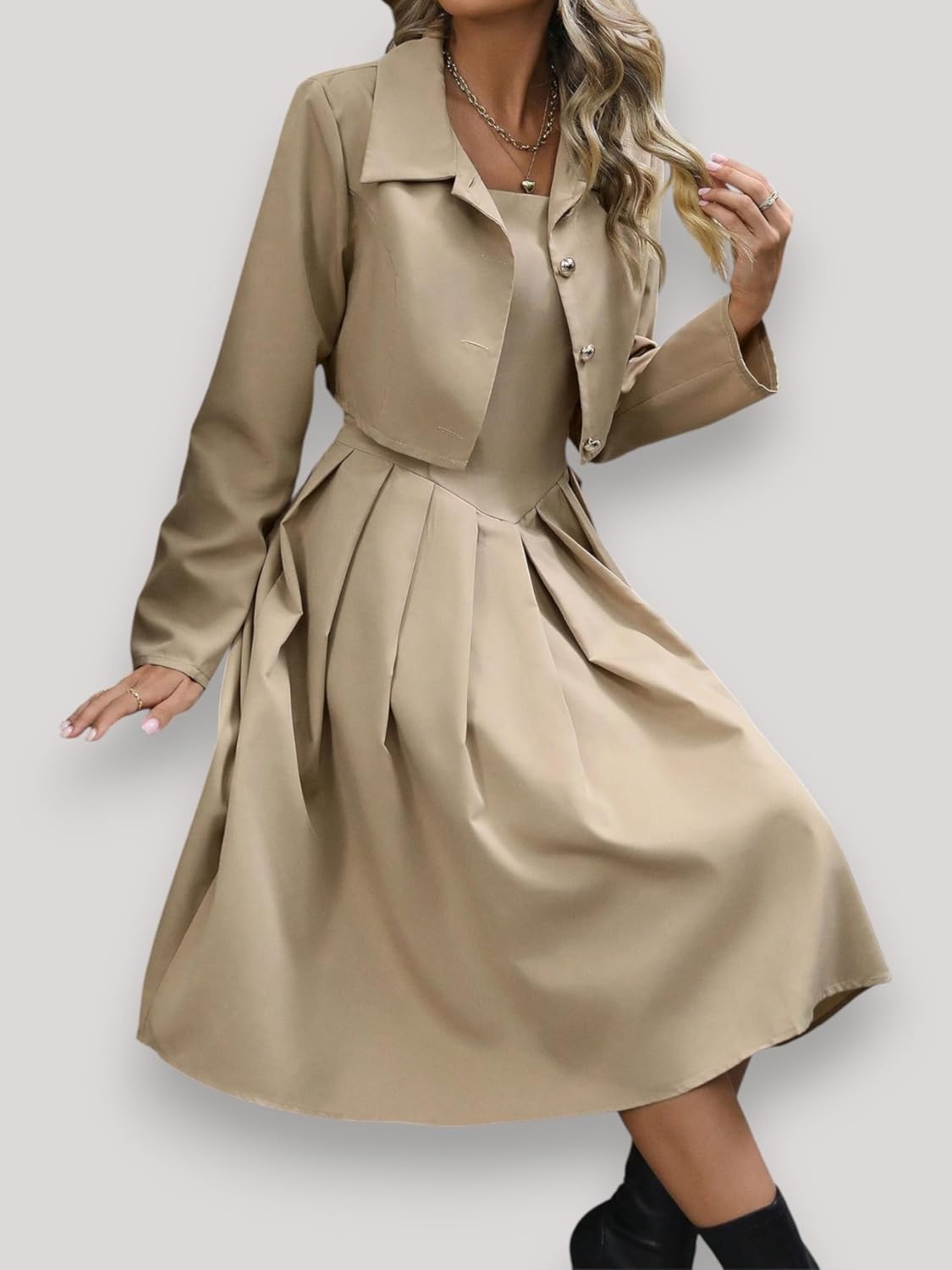 Women's Blazer Dress 2-Piece Set Pleated Square Neck Khaki