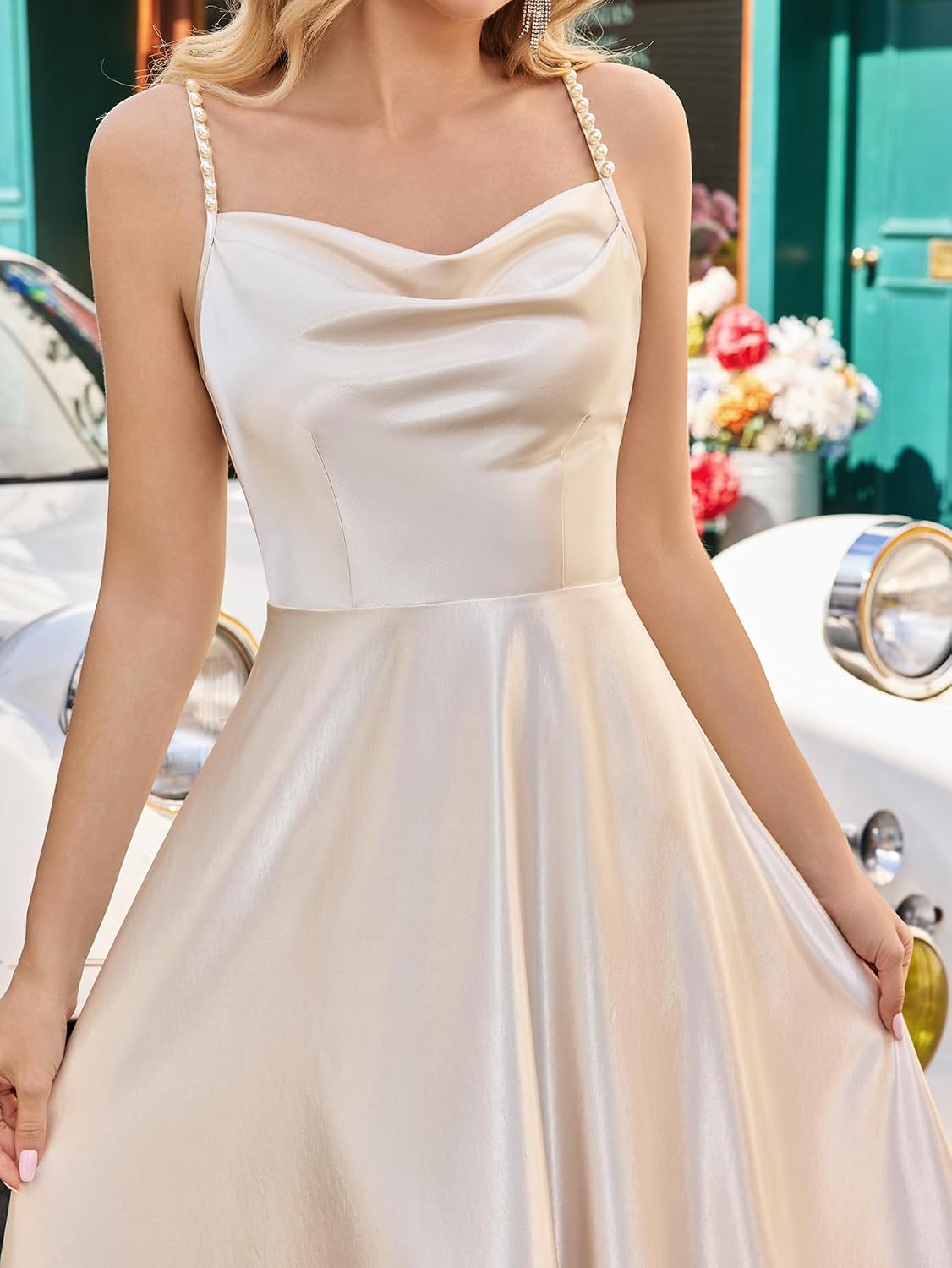 Satin Pearl Slip Dress Cowl Neck Backless Midi with Adjustable Straps Wedding Guest Bridesmaid Cocktail Party Gown