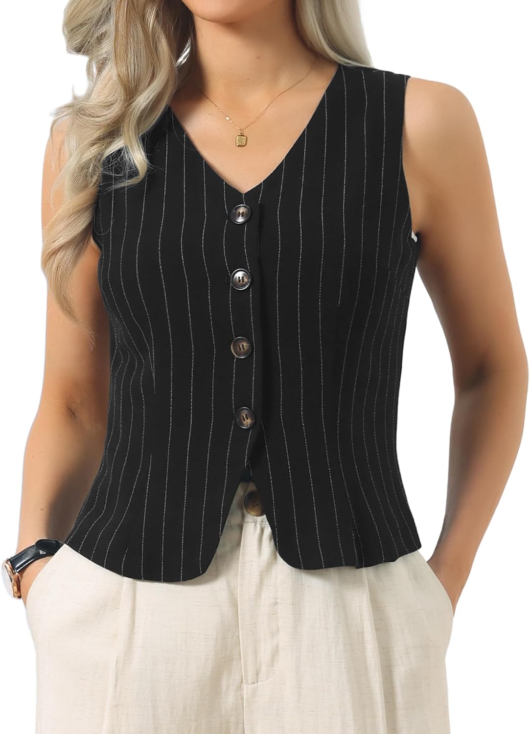 Women's Pinstripe Linen Vest V Neck Button Crop Waistcoat
