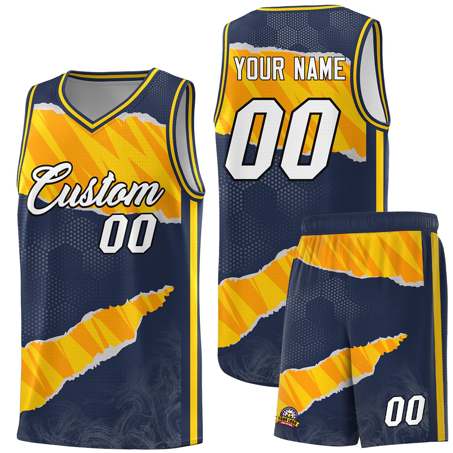 Benutzerdefiniertes Mitternachtsblau-Gold-Orange-Tränen-Graffiti-Muster-Sportuniform-Basketballtrikot