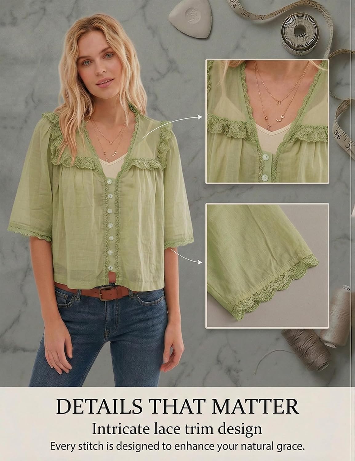 Women's Lace Trim Crop Blouse V Neck Sage Green Women's Lace Trim Crop Blouse V Neck Sage Green