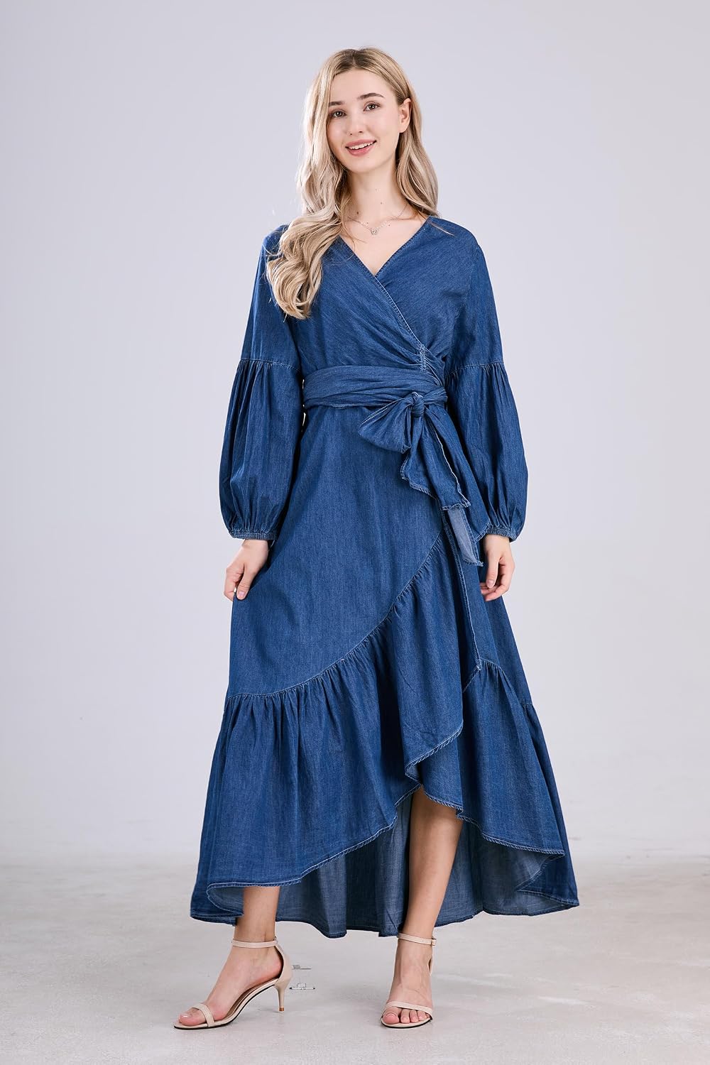 Womens Casual Belted Long Sleeve Denim Dress Wrapped V-Neck Ruffle Hem Maxi Dresses for Women