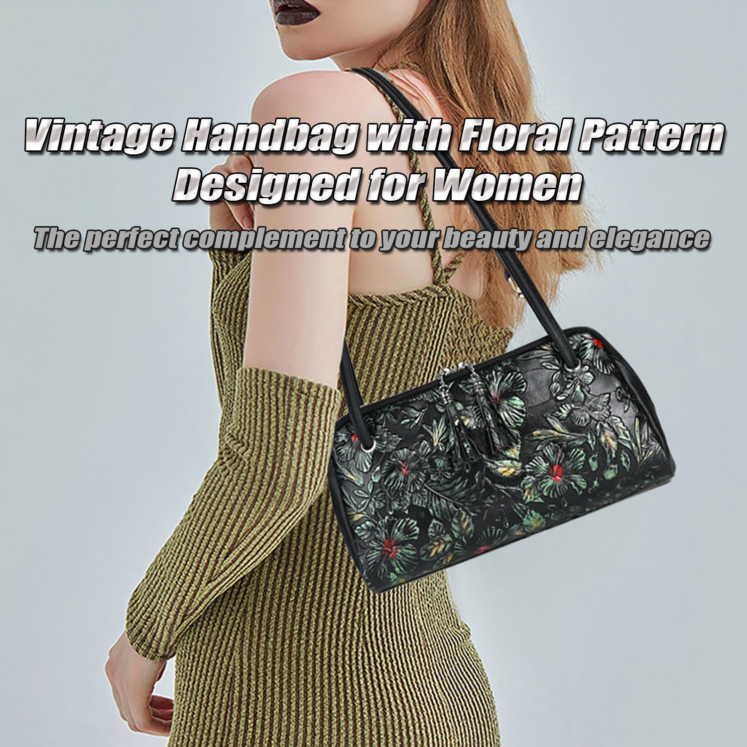 Women's Floral Tooled Cowhide Shoulder Handbag Black Women's Floral Tooled Cowhide Shoulder Handbag Black