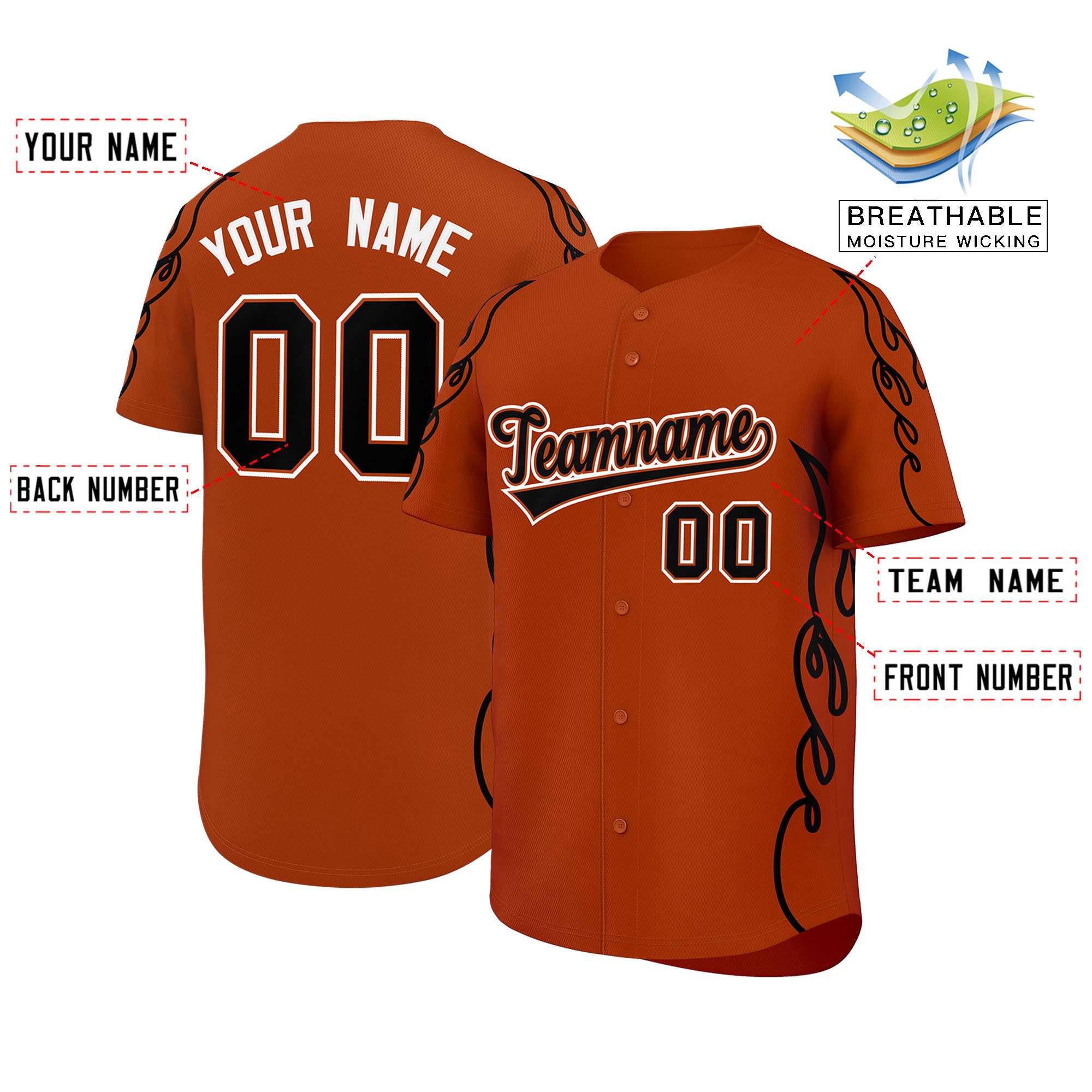 Benutzerdefiniertes Baseball-Trikot mit Seitenflammen-Umrissmuster für Sportuniformen