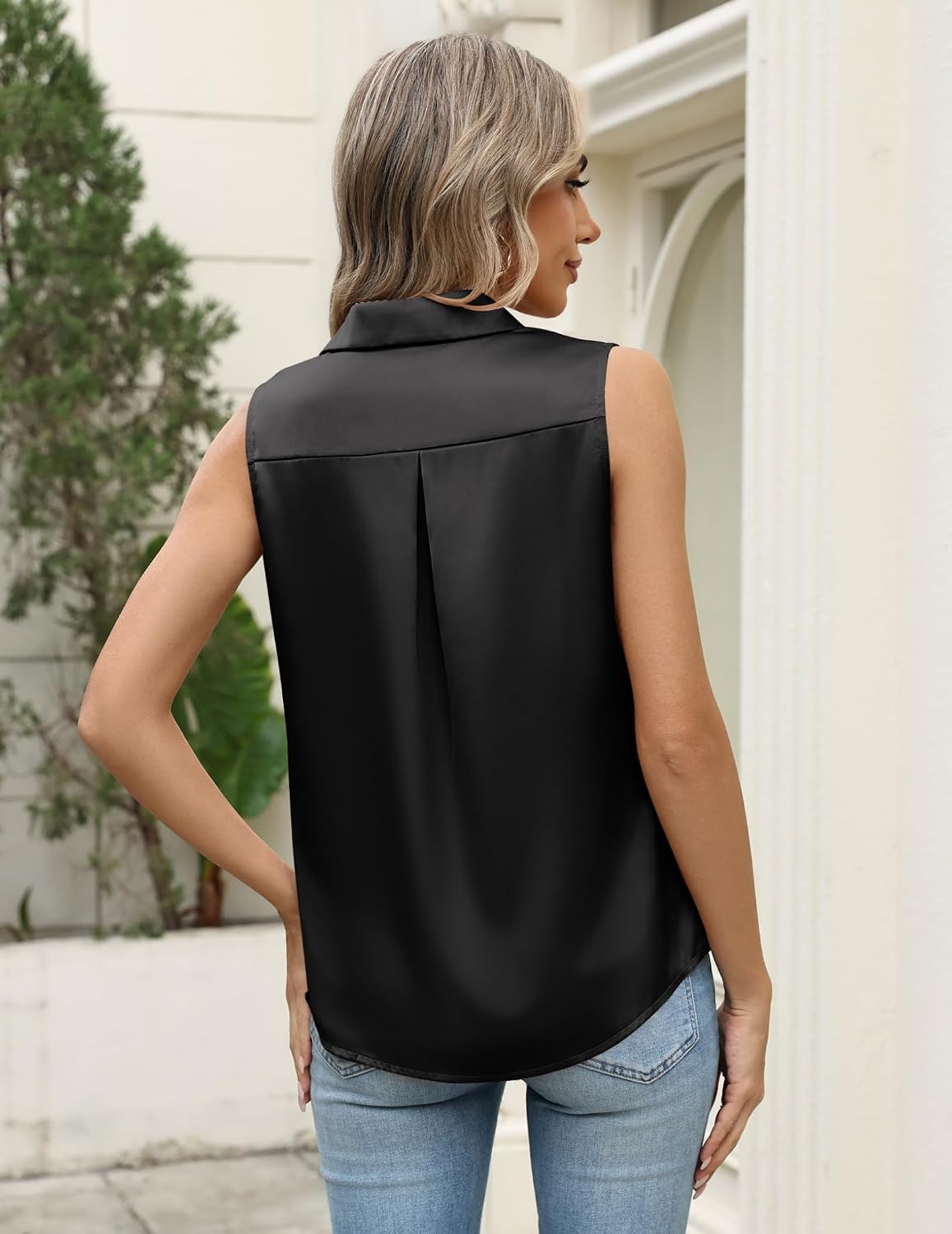 Women's Satin Sleeveless Blouse Collared Button Down Black