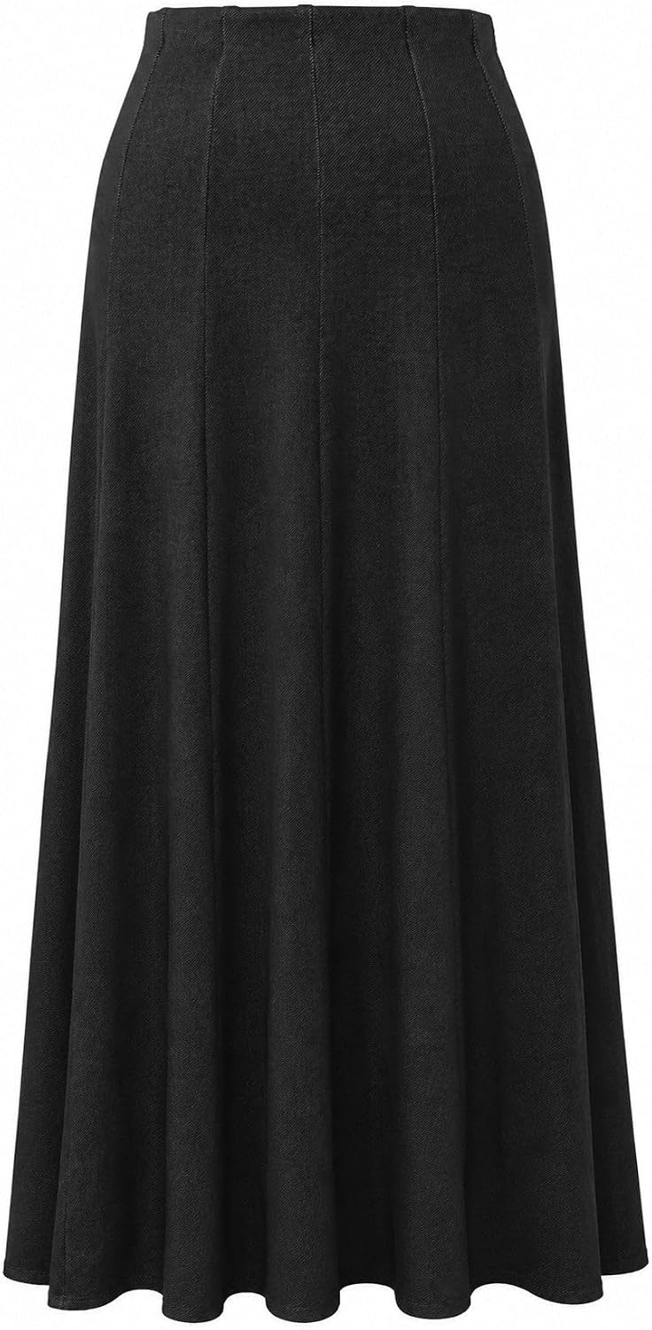 Women's Faux Denim Knit A-Line Maxi Skirt Black