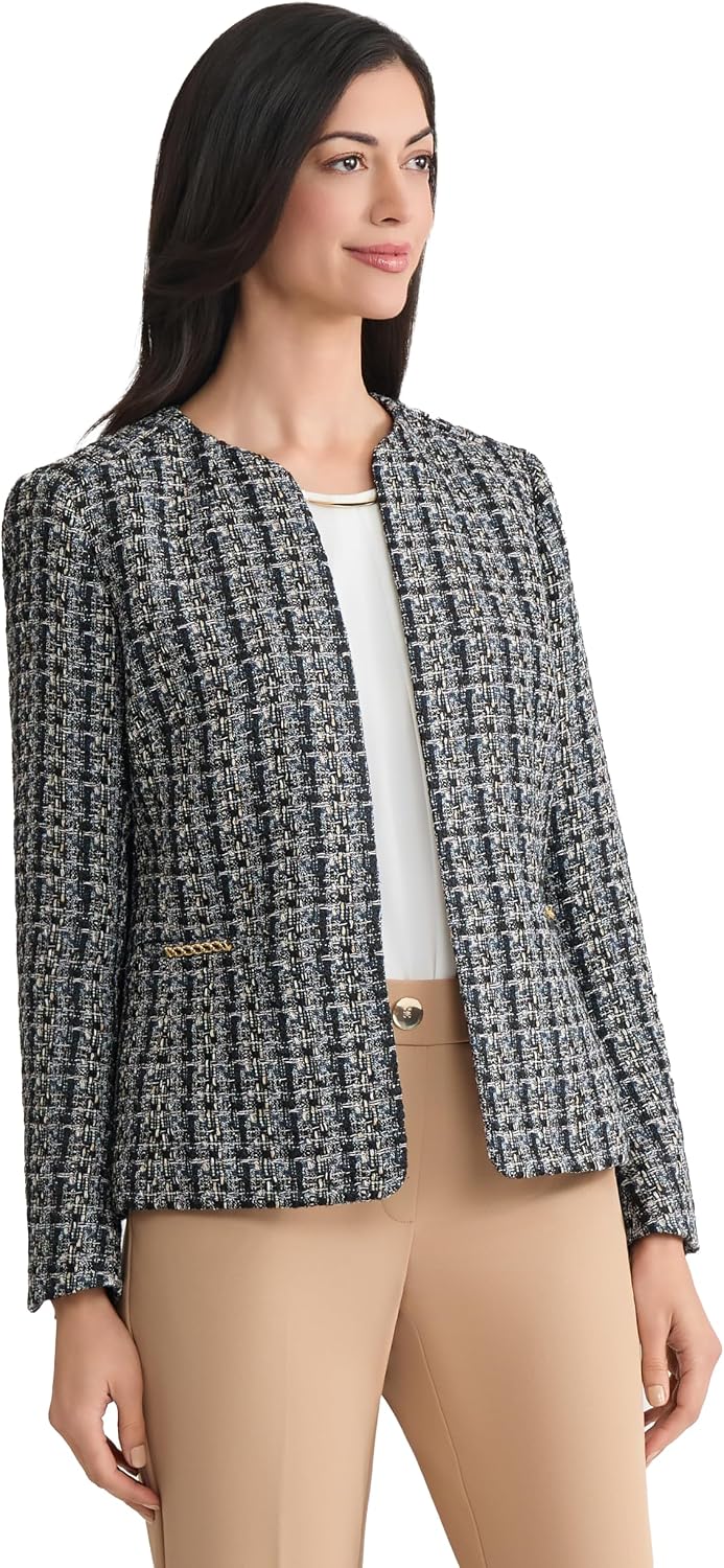 Women's Tweed Open Front Cardigan Jacket Black White