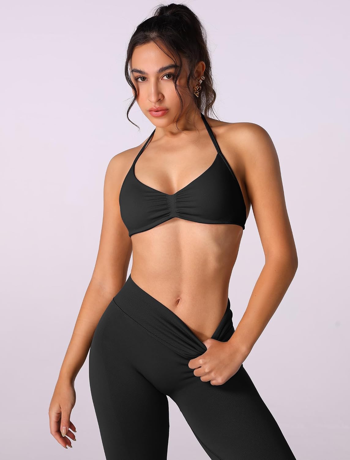 Women's Seamless Halter Bra Scrunch Leggings Gym Set Blue
