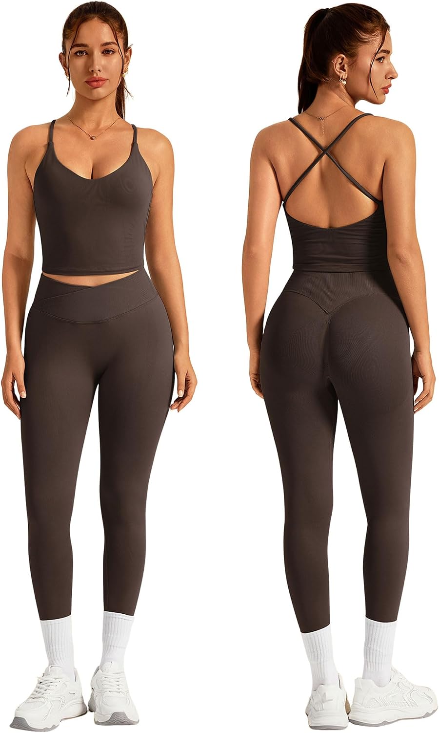 Women's Strappy Cami Tank and Crossover Leggings Coffee