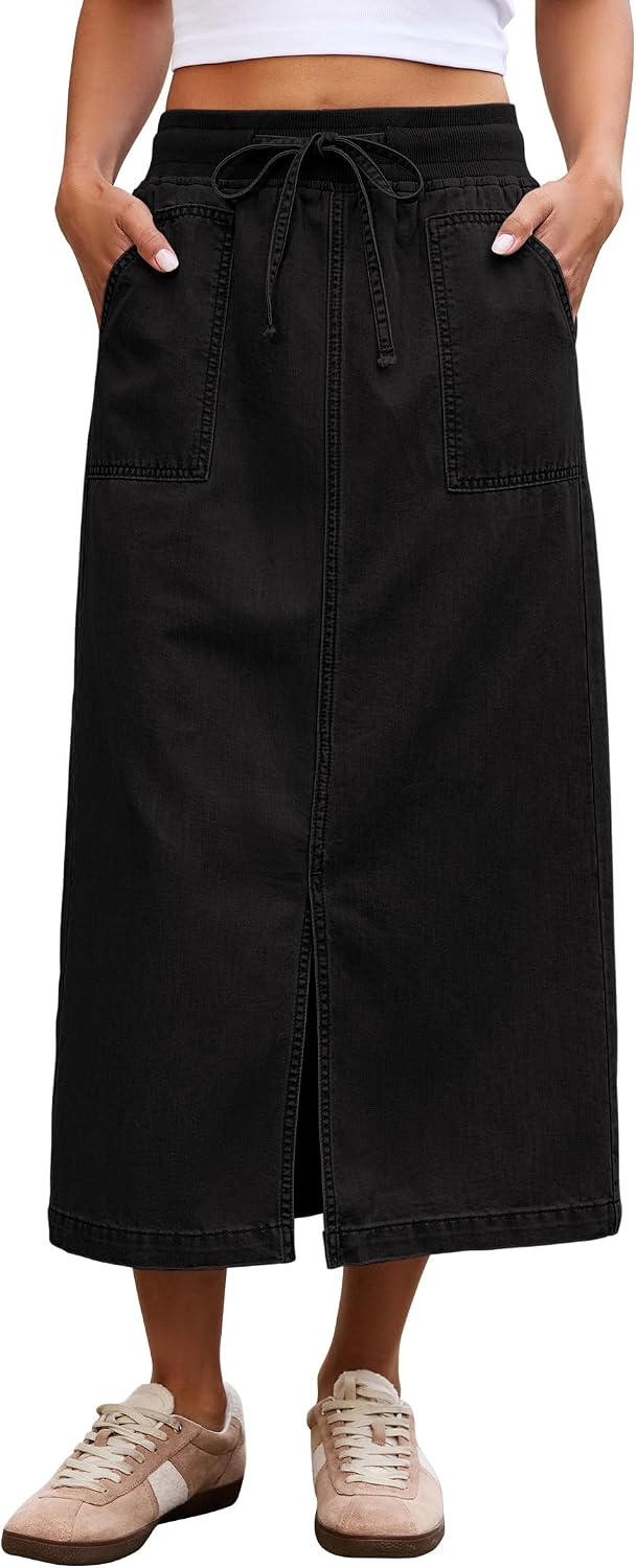 Women's Denim Drawstring Midi Skirt Pockets Black