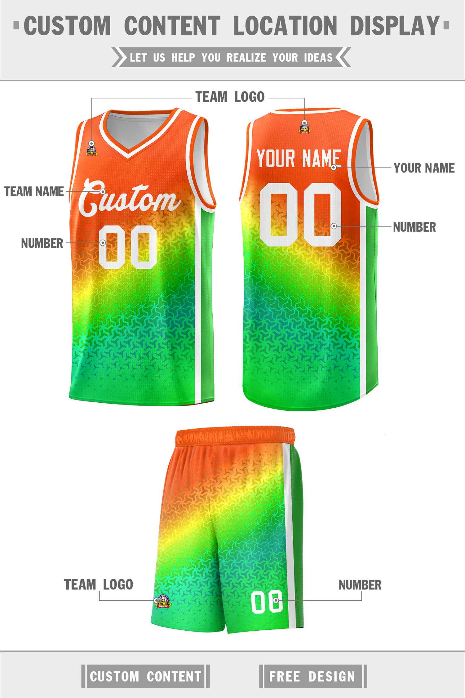 Benutzerdefiniertes orangefarbenes hellgrünes Farbverlaufsdesign mit unregelmäßigen Formen und Muster für Sportuniform-Basketballtrikot